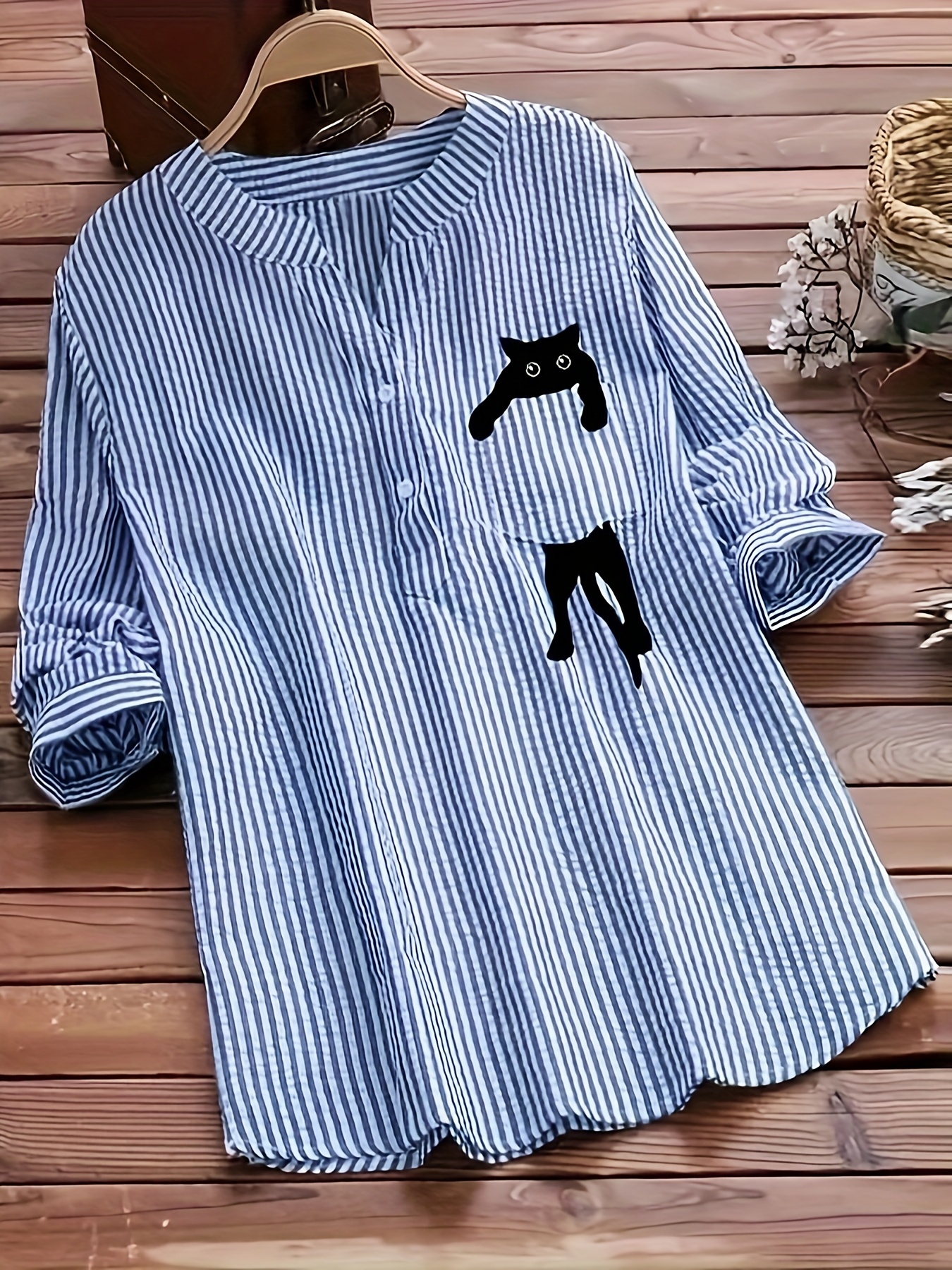 cat stripe print button front blouse casual notch neck long sleeve blouse for spring fall womens clothing details 0