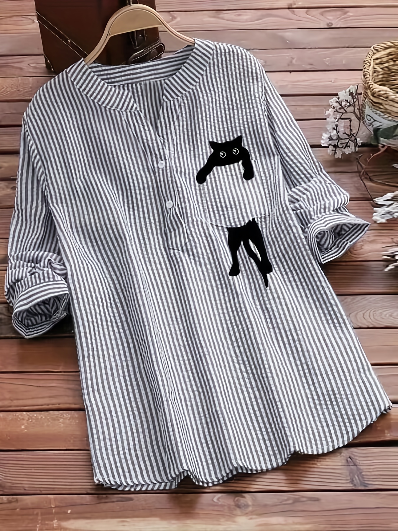 cat stripe print button front blouse casual notch neck long sleeve blouse for spring fall womens clothing details 10