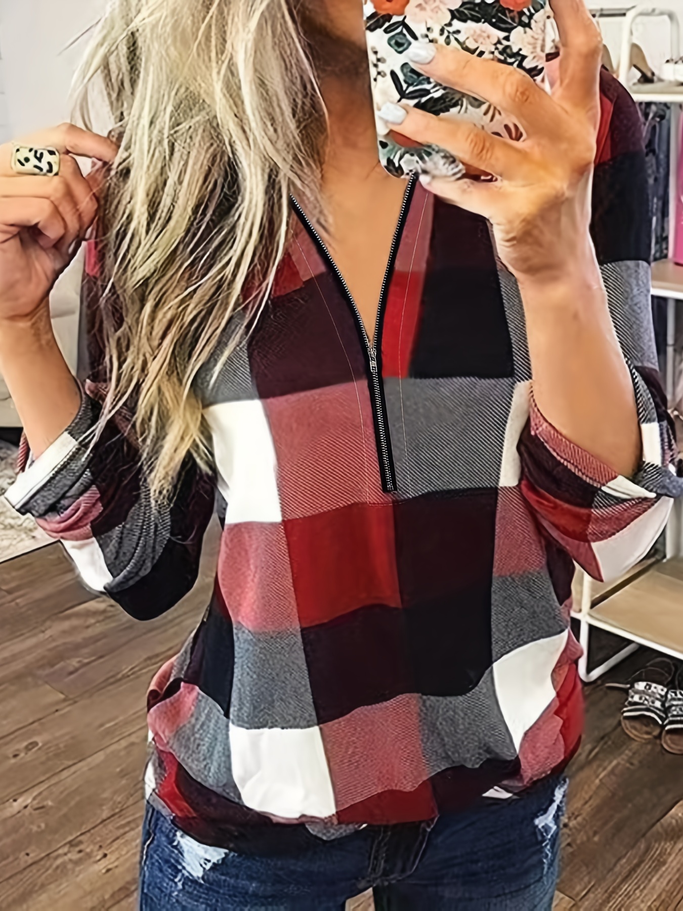 plaid print zipper blouse casual rollable sleeve slim blouse womens clothing details 15