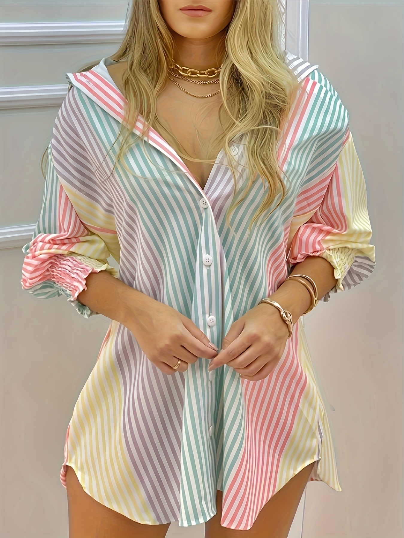 colorful striped print shirt elegant button front collar random printing shirt womens clothing details 9