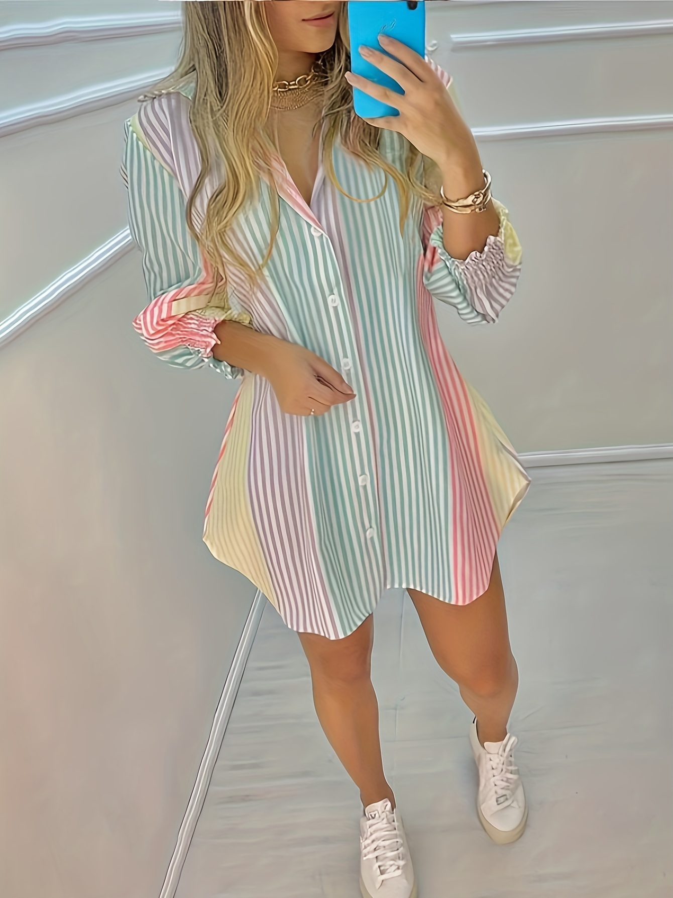 colorful striped print shirt elegant button front collar random printing shirt womens clothing details 10