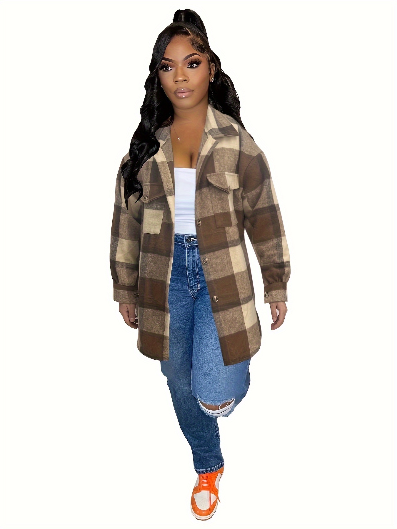 plaid pattern flap pockets jacket vintage drop shoulder single breasted outwear for fall winter womens clothing details 0