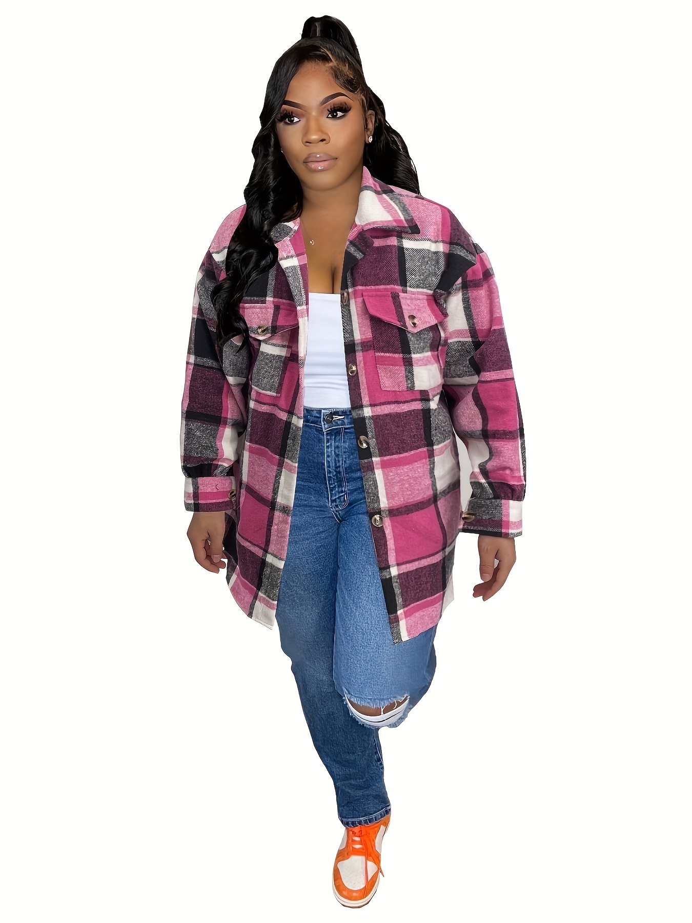 plaid pattern flap pockets jacket vintage drop shoulder single breasted outwear for fall winter womens clothing details 3