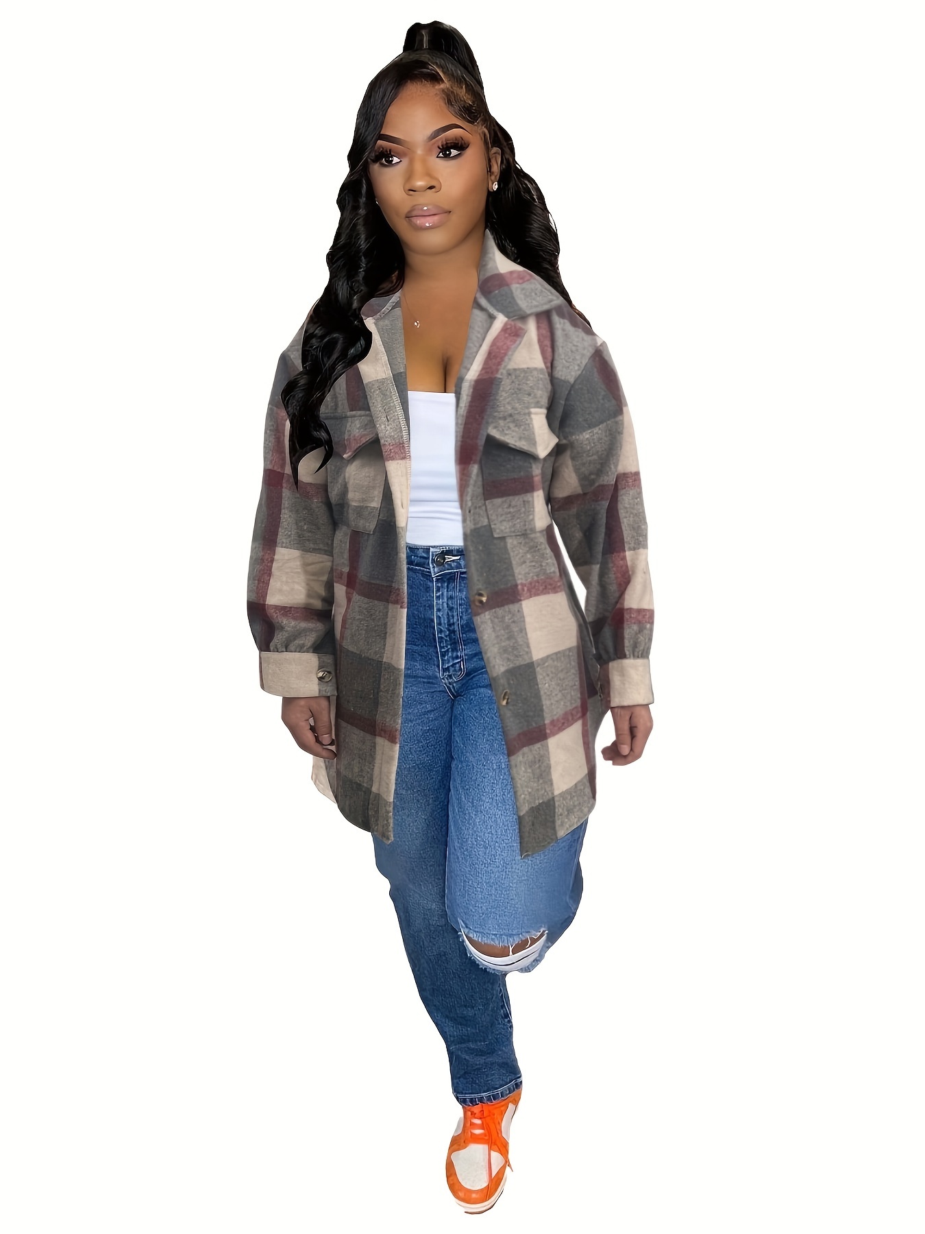 plaid pattern flap pockets jacket vintage drop shoulder single breasted outwear for fall winter womens clothing details 6