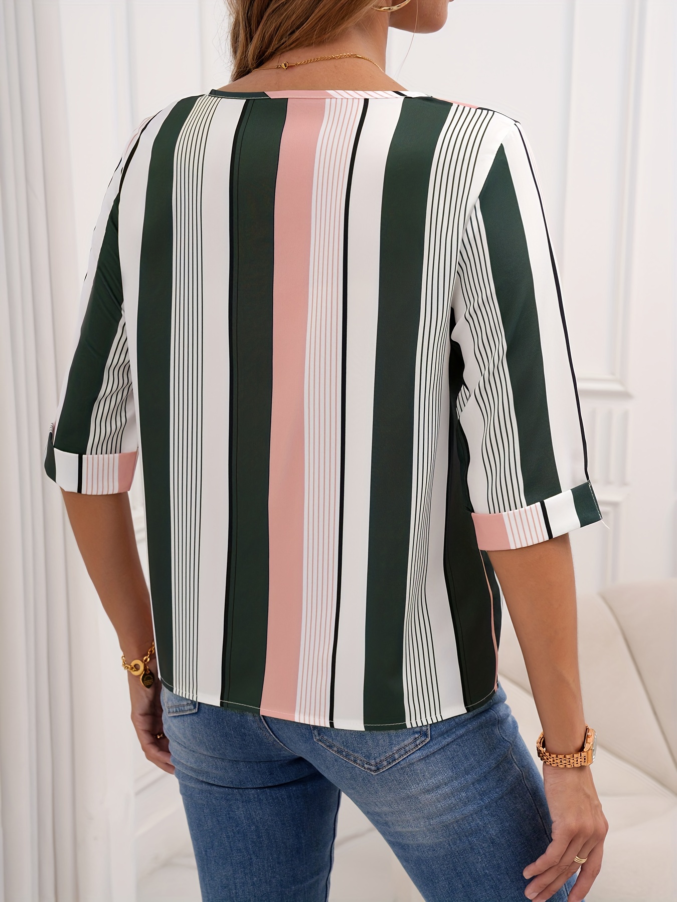 color block striped blouse casual crew neck half sleeve blouse womens clothing details 1