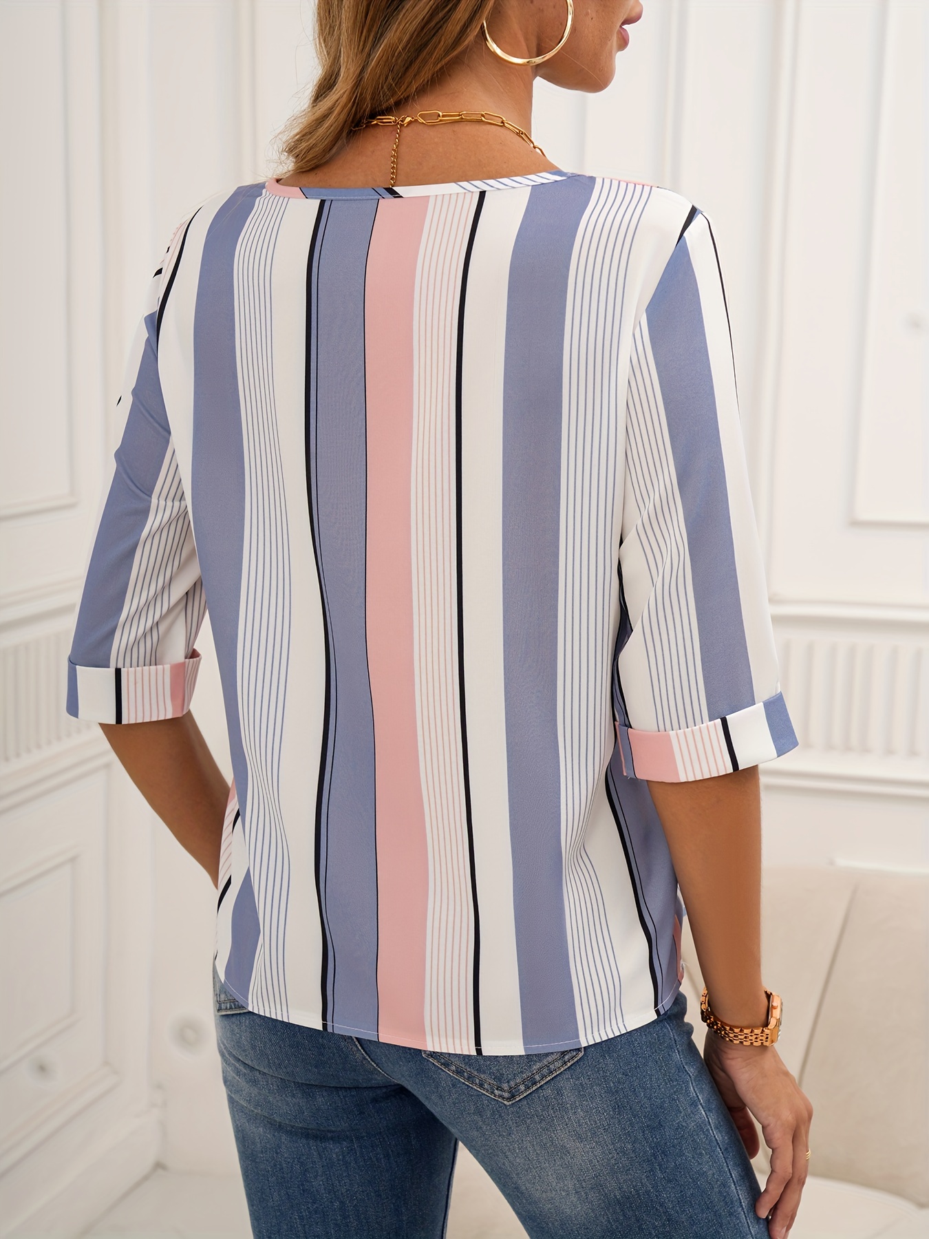 color block striped blouse casual crew neck half sleeve blouse womens clothing details 20