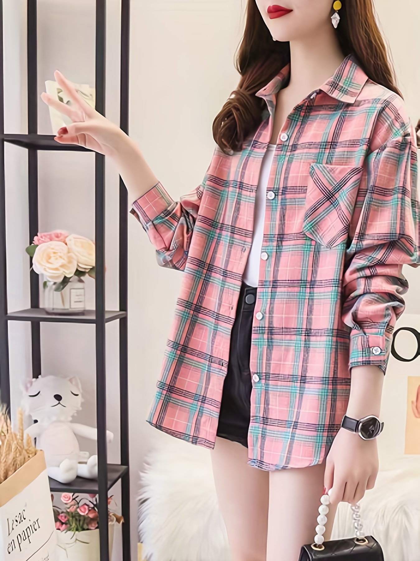 plaid pocket drop shoulder shirt button long sleeve shirt casual every day tops womens clothing details 13