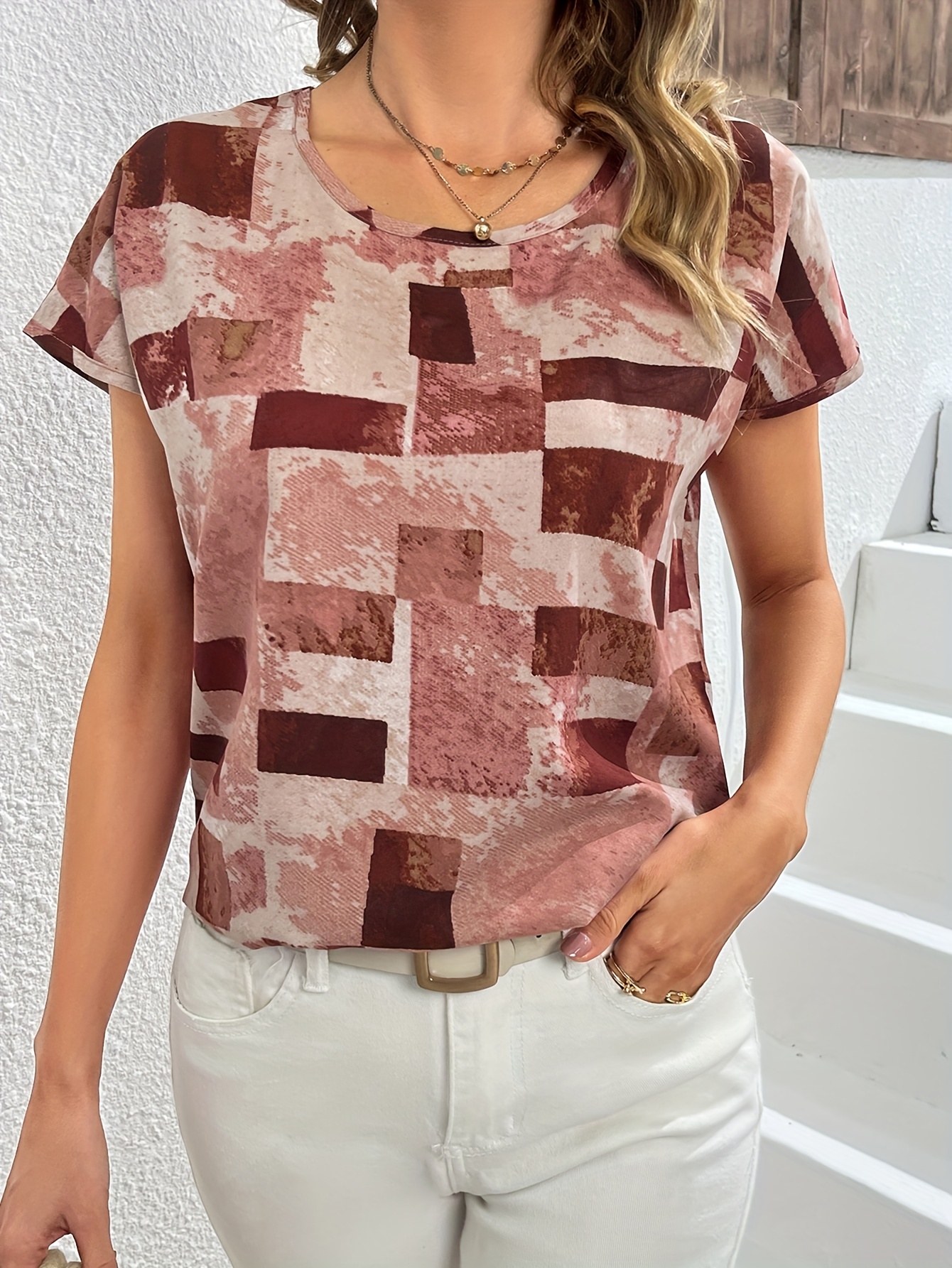 geometric print blouse casual crew neck short sleeve summer blouse womens clothing details 5