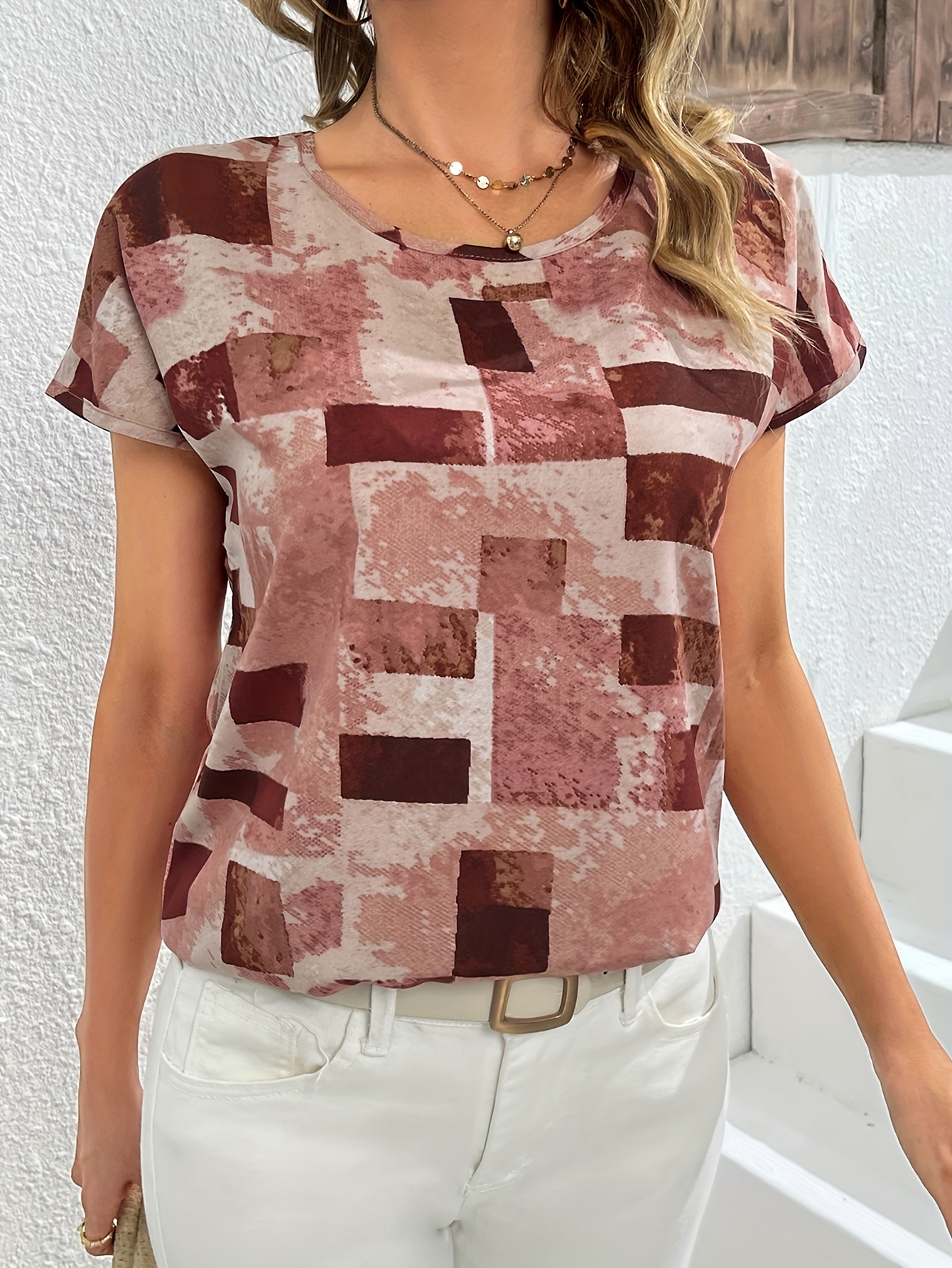 geometric print blouse casual crew neck short sleeve summer blouse womens clothing details 7