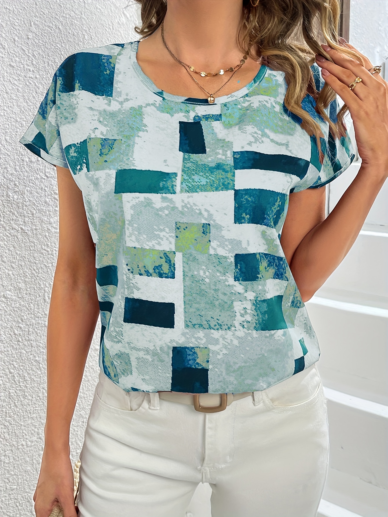 geometric print blouse casual crew neck short sleeve summer blouse womens clothing details 13