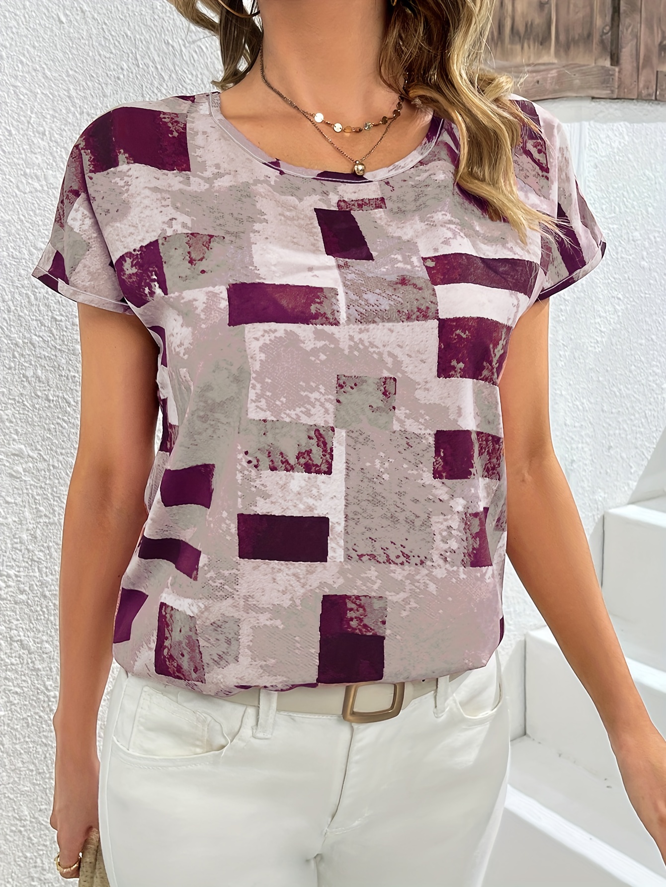 geometric print blouse casual crew neck short sleeve summer blouse womens clothing details 15