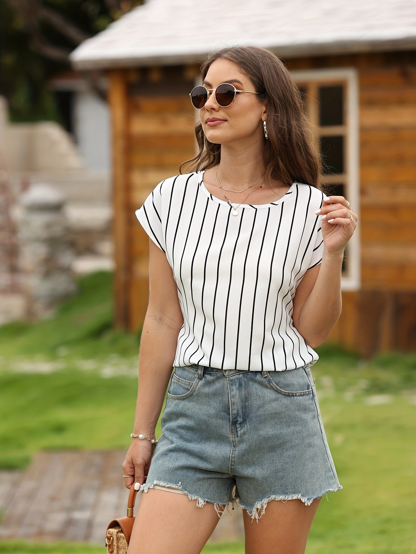 striped print blouse casual crew neck short sleeve simple blouse womens clothing details 0