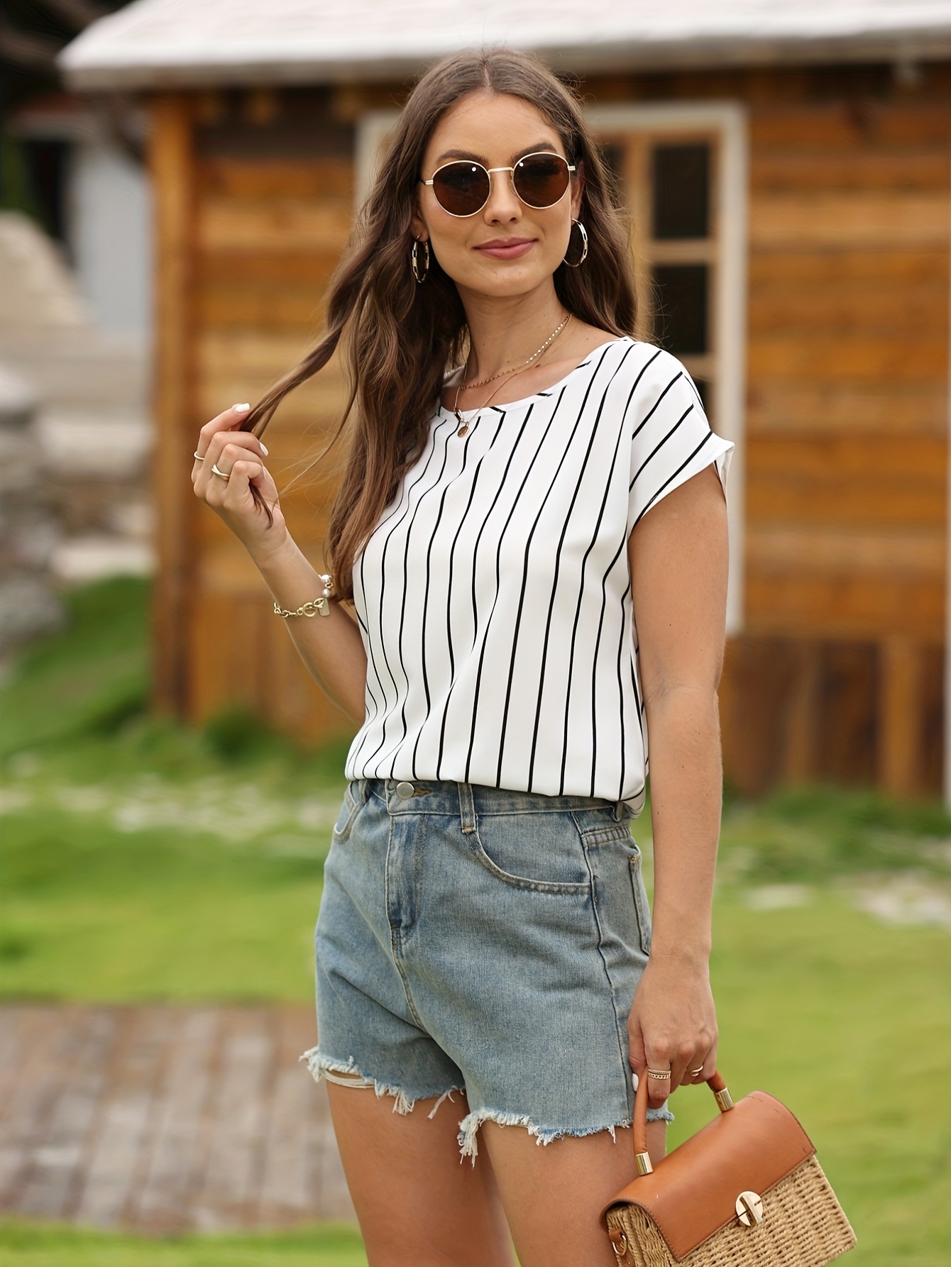 striped print blouse casual crew neck short sleeve simple blouse womens clothing details 3