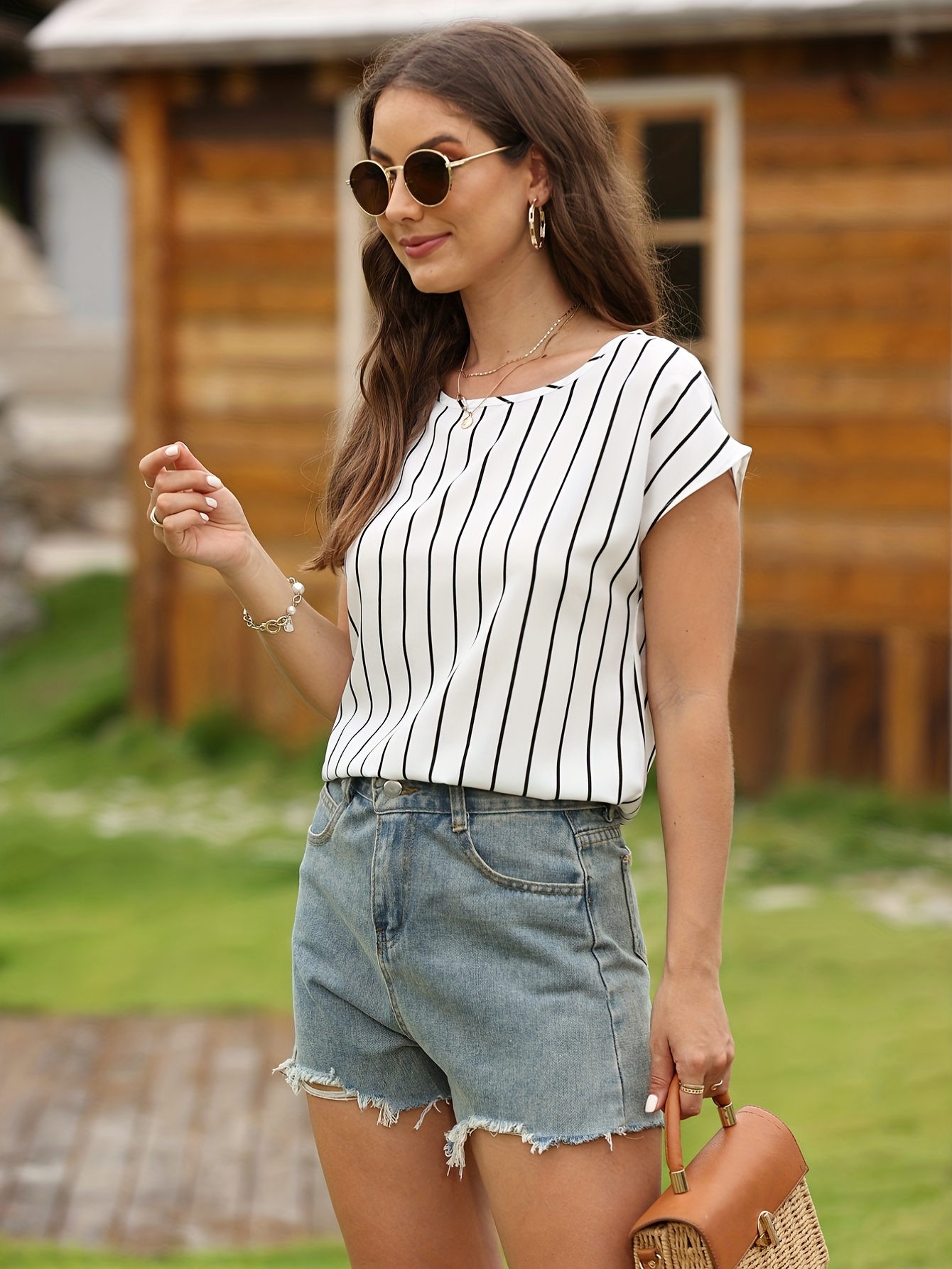 striped print blouse casual crew neck short sleeve simple blouse womens clothing details 4