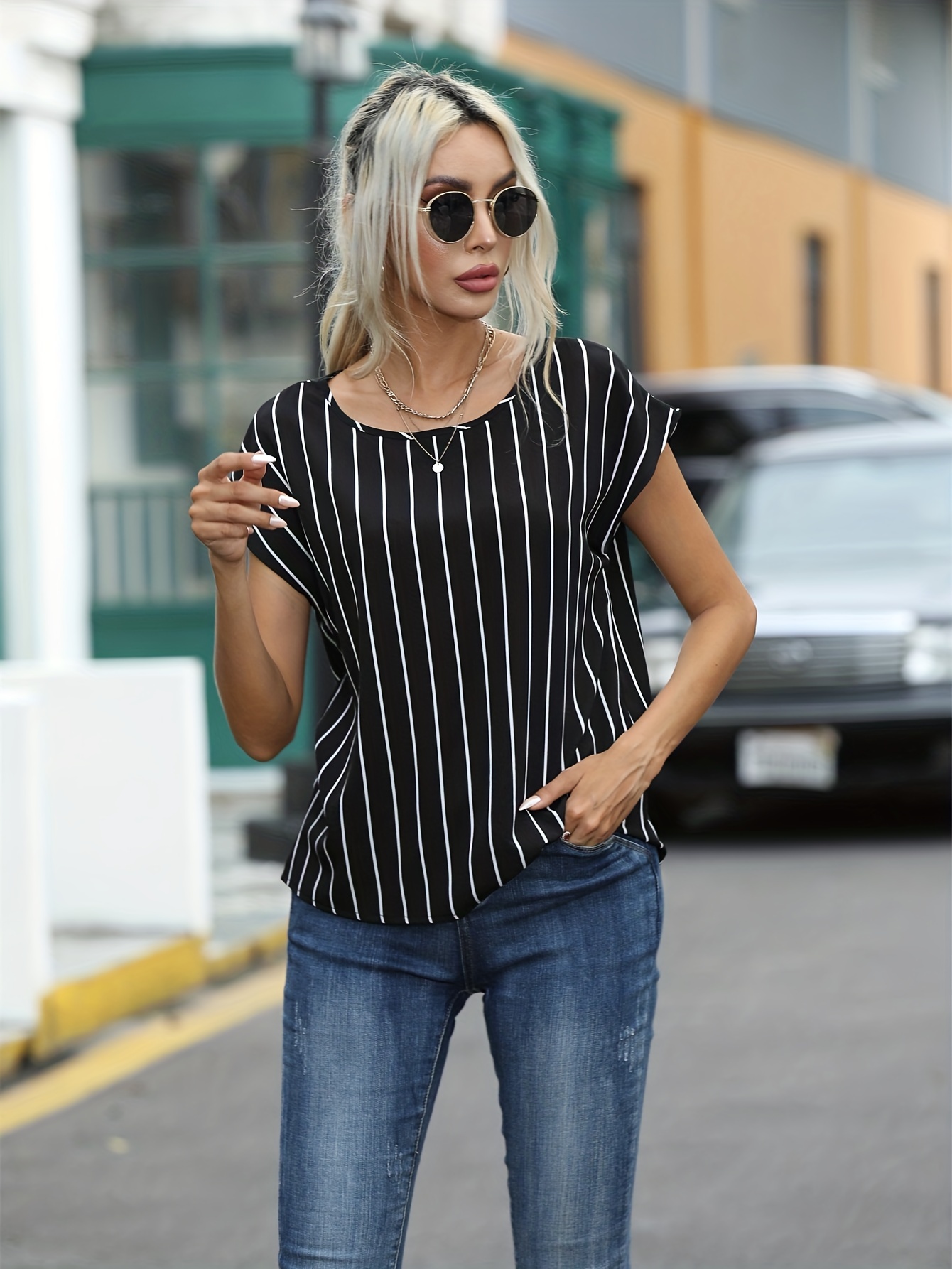 striped print blouse casual crew neck short sleeve simple blouse womens clothing details 6