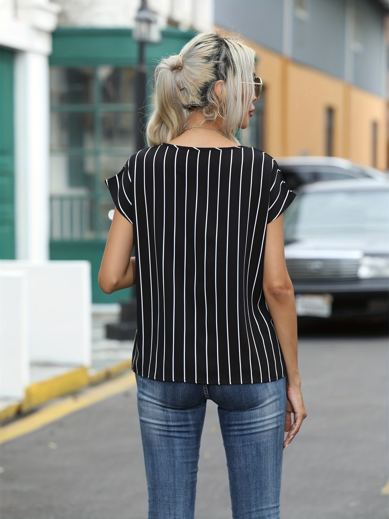 striped print blouse casual crew neck short sleeve simple blouse womens clothing details 7