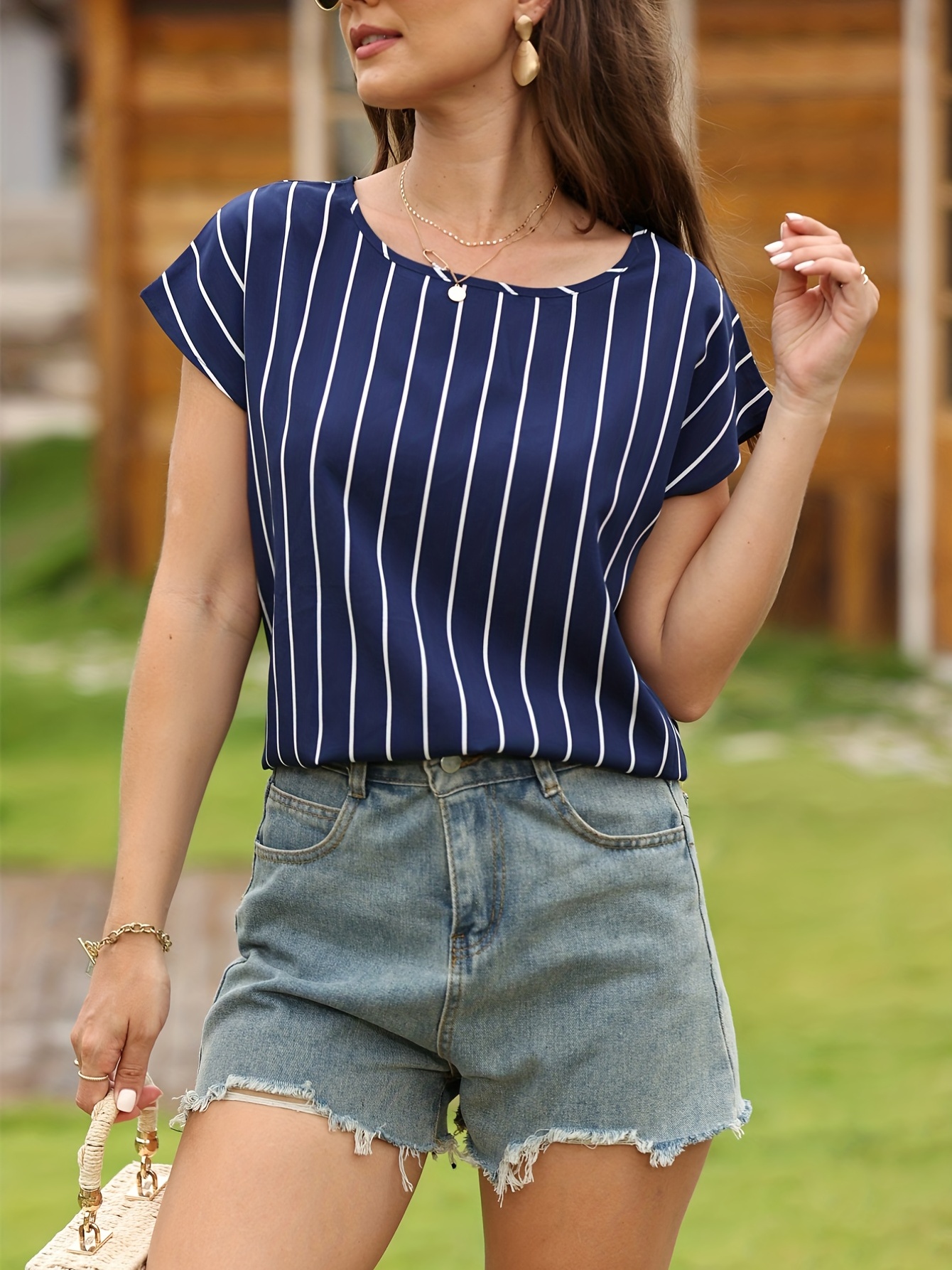 striped print blouse casual crew neck short sleeve simple blouse womens clothing details 11