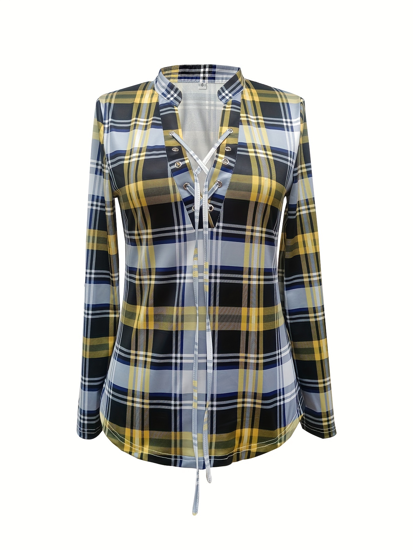 plaid print tie front blouse casual long sleeve blouse for spring fall womens clothing details 2