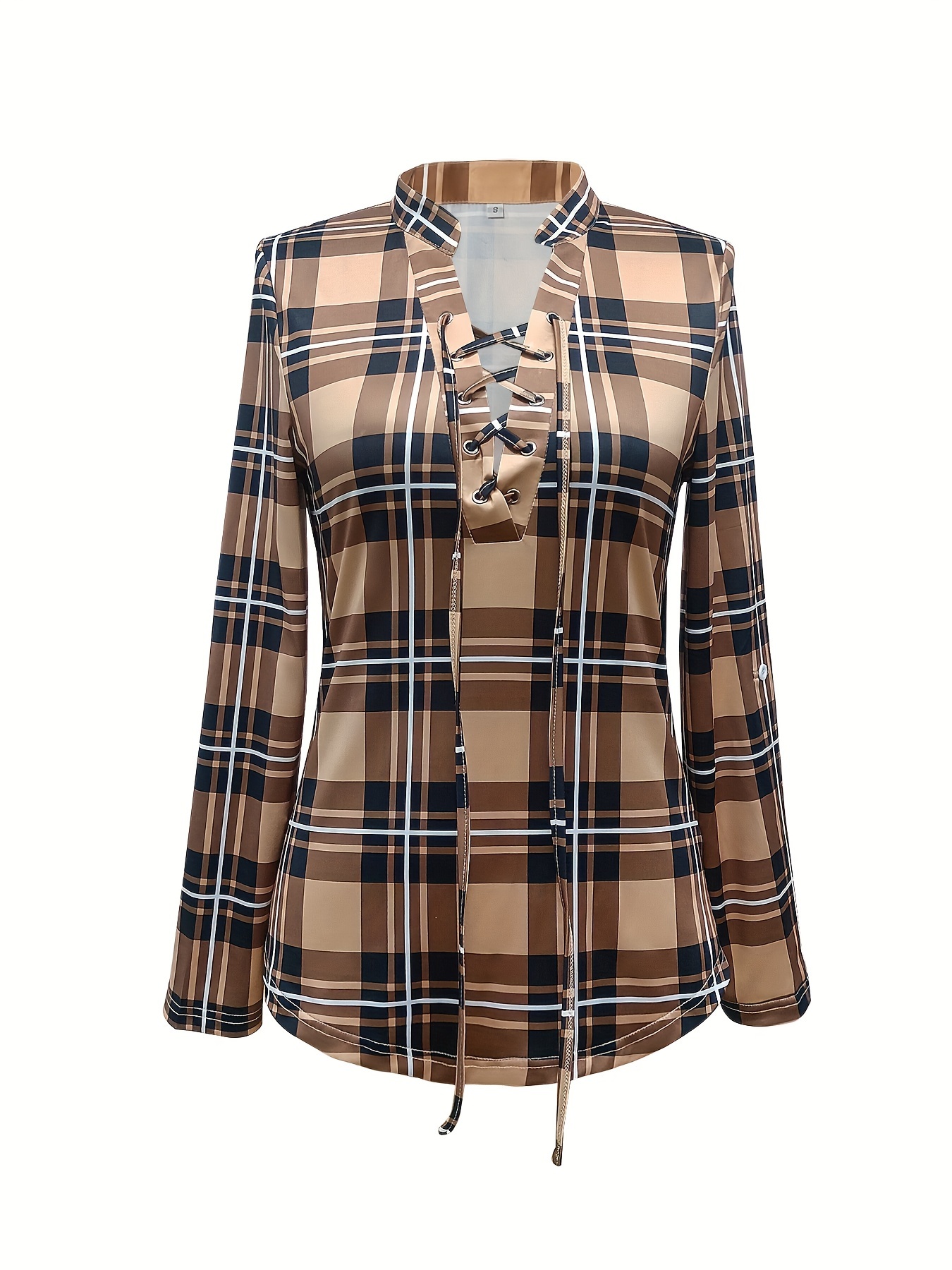 plaid print tie front blouse casual long sleeve blouse for spring fall womens clothing details 5