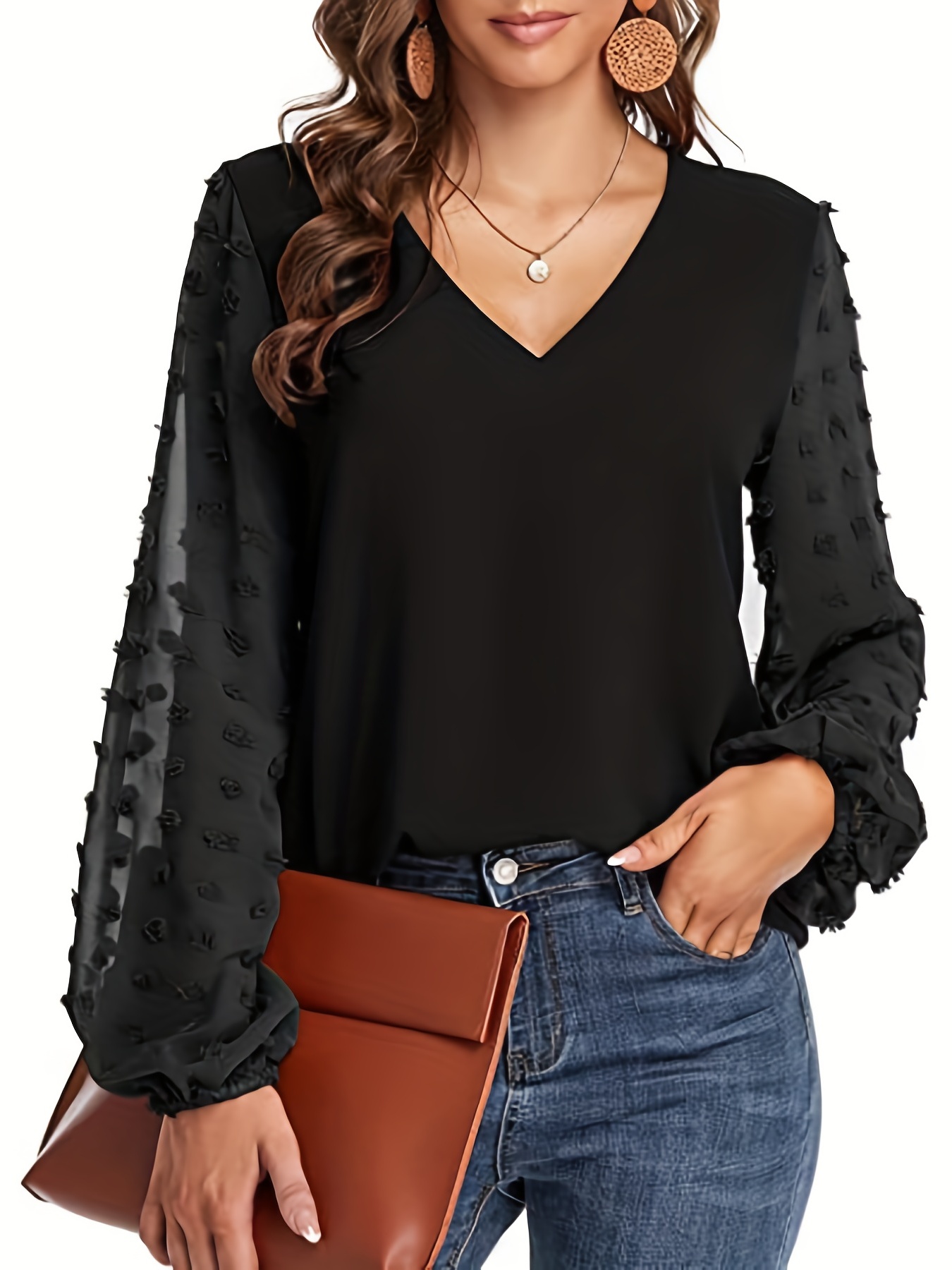 swiss dot sleeve shirt casual v neck solid shirt for spring fall womens clothing details 0