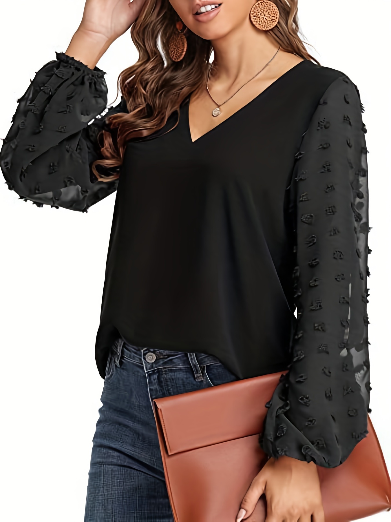 swiss dot sleeve shirt casual v neck solid shirt for spring fall womens clothing details 2