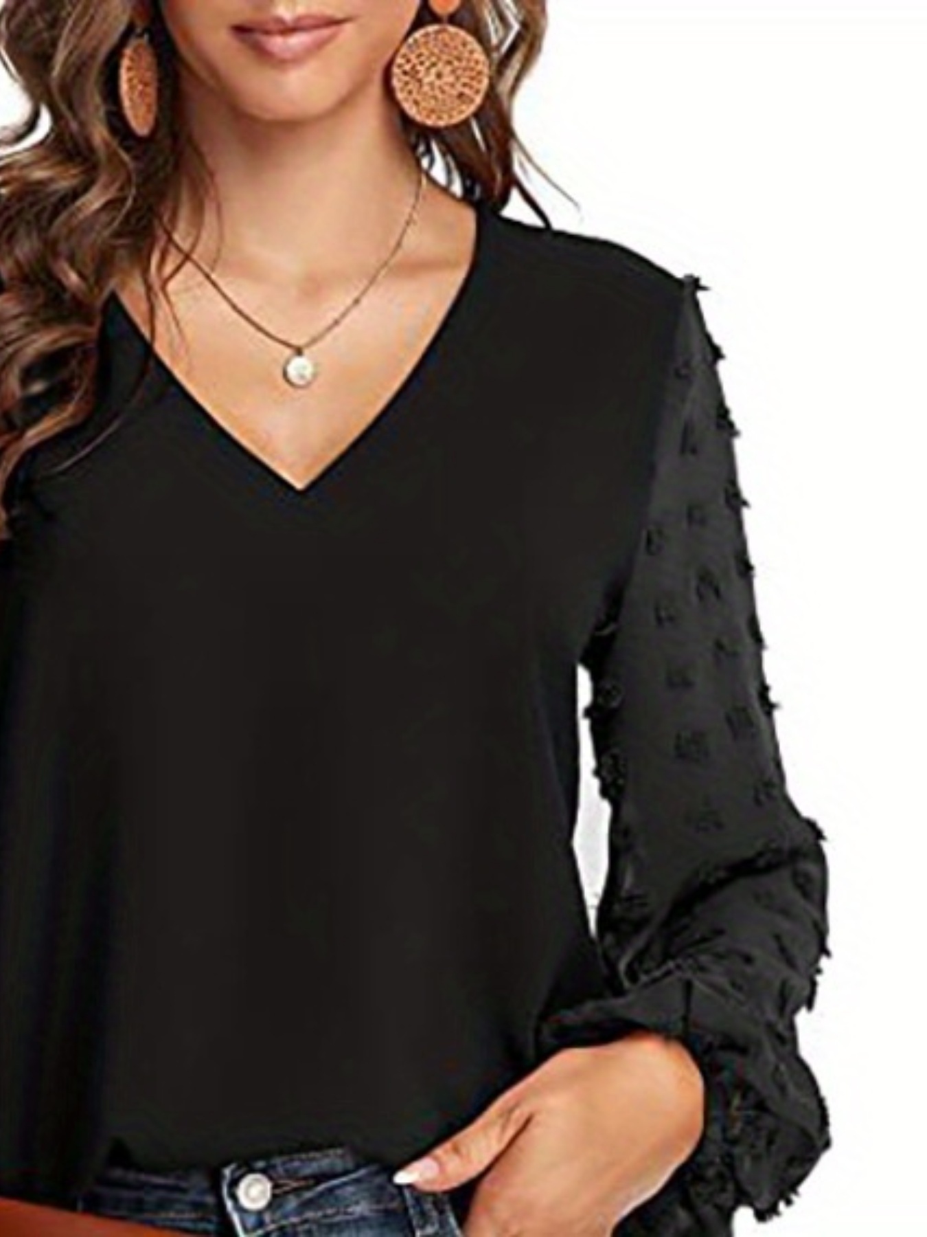 swiss dot sleeve shirt casual v neck solid shirt for spring fall womens clothing details 3