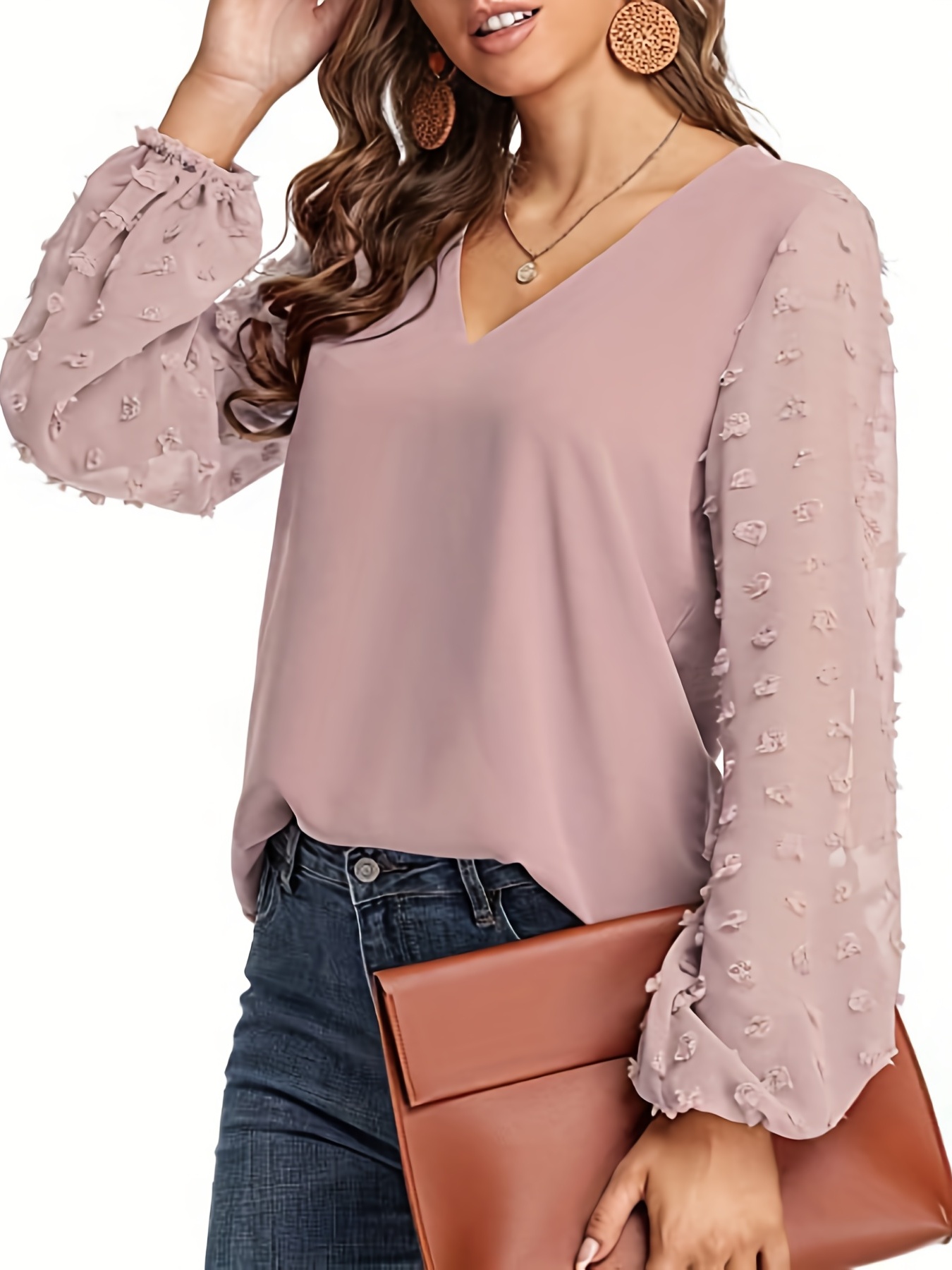 swiss dot sleeve shirt casual v neck solid shirt for spring fall womens clothing details 7