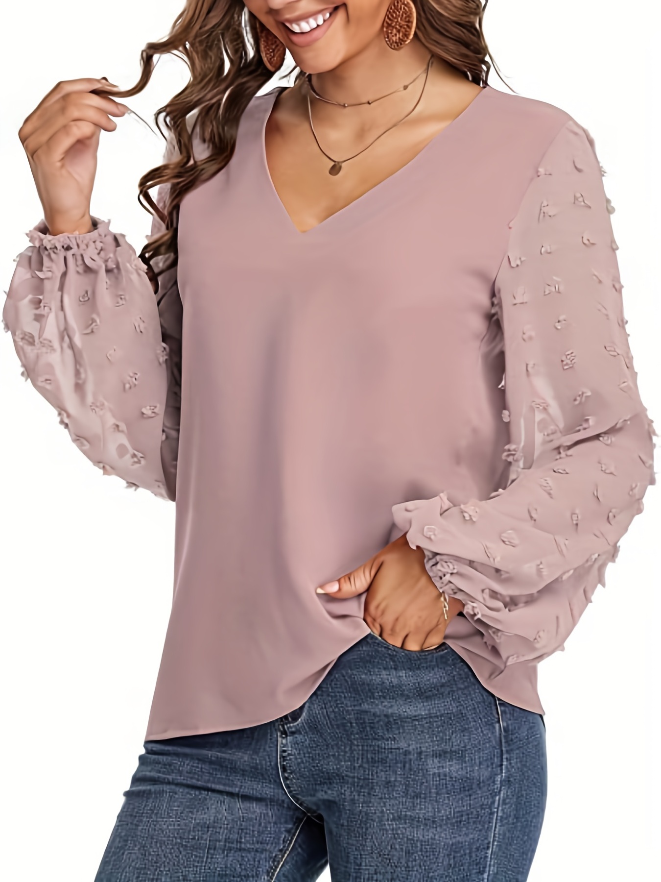 swiss dot sleeve shirt casual v neck solid shirt for spring fall womens clothing details 8