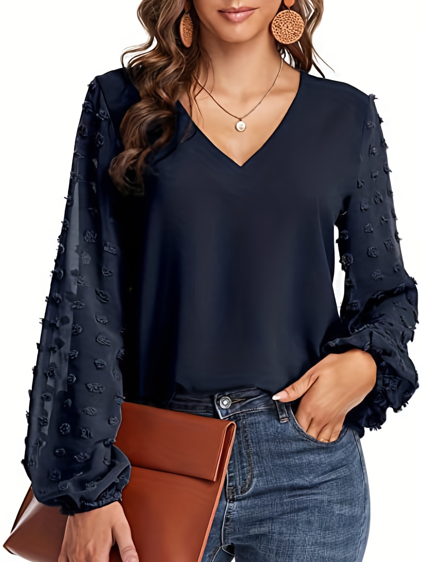 swiss dot sleeve shirt casual v neck solid shirt for spring fall womens clothing details 9