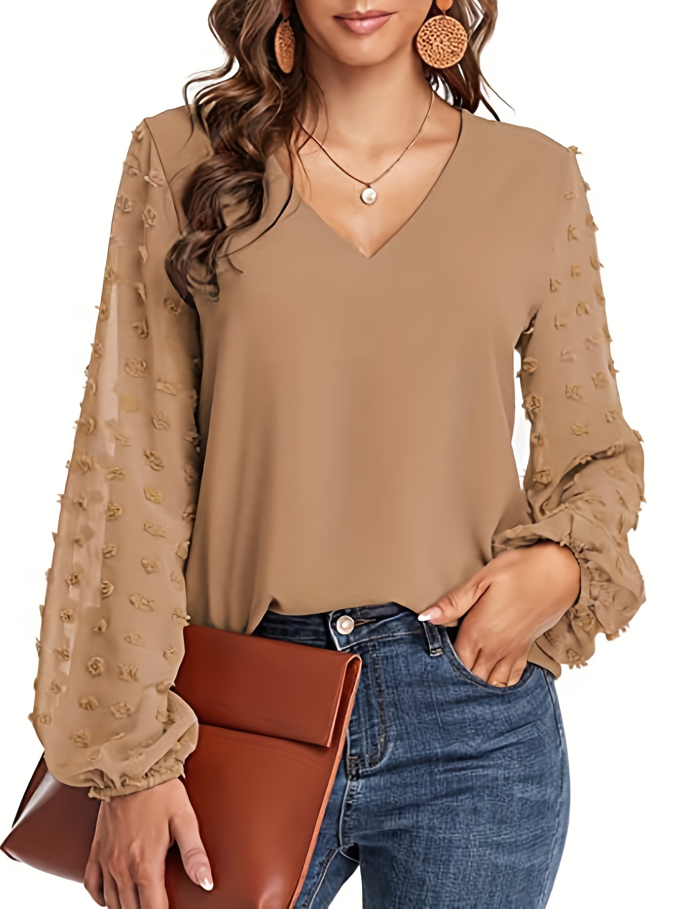 swiss dot sleeve shirt casual v neck solid shirt for spring fall womens clothing details 12