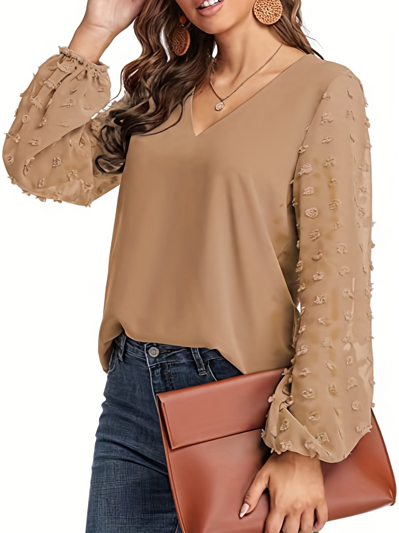 swiss dot sleeve shirt casual v neck solid shirt for spring fall womens clothing details 14