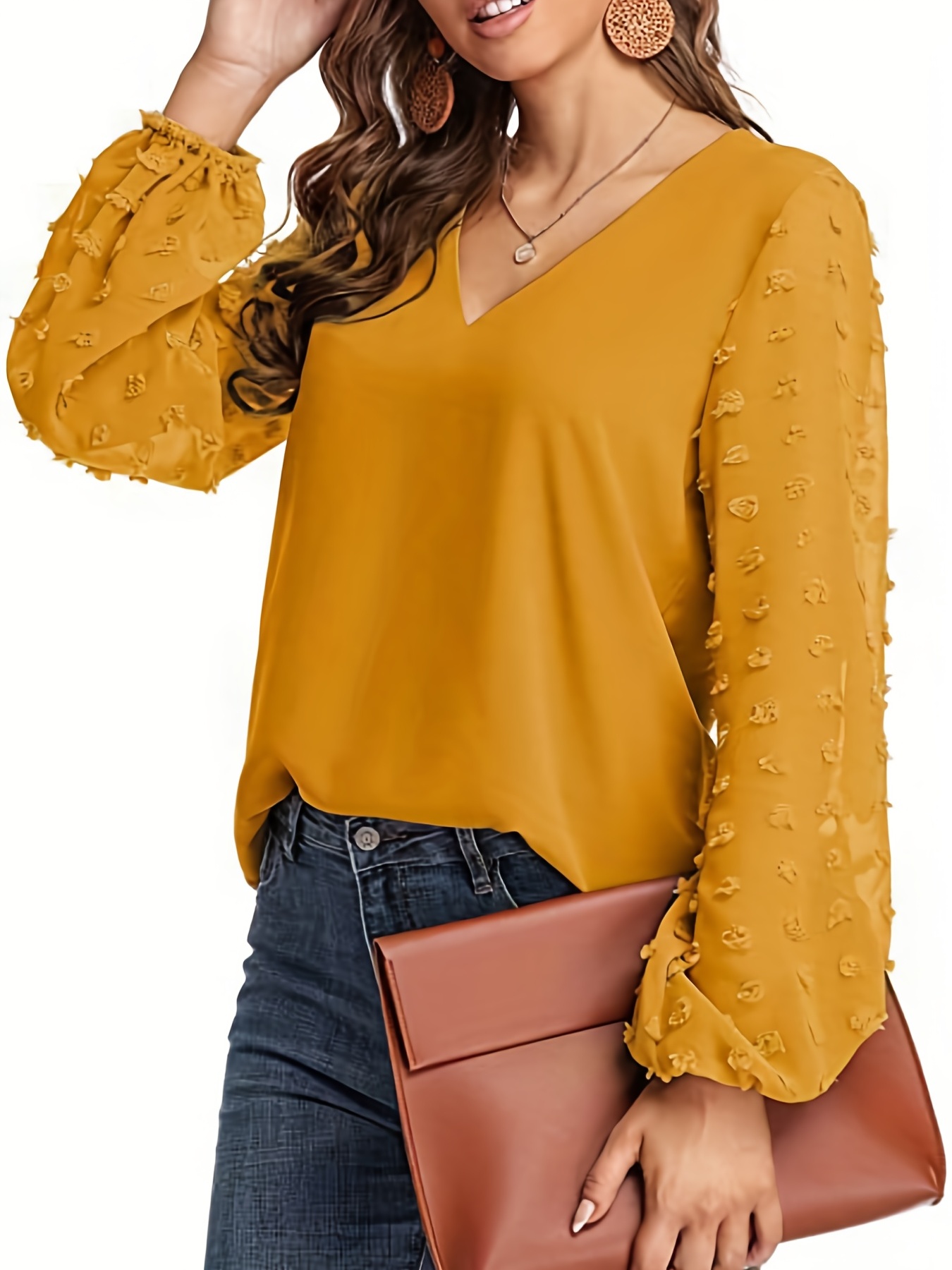 swiss dot sleeve shirt casual v neck solid shirt for spring fall womens clothing details 17