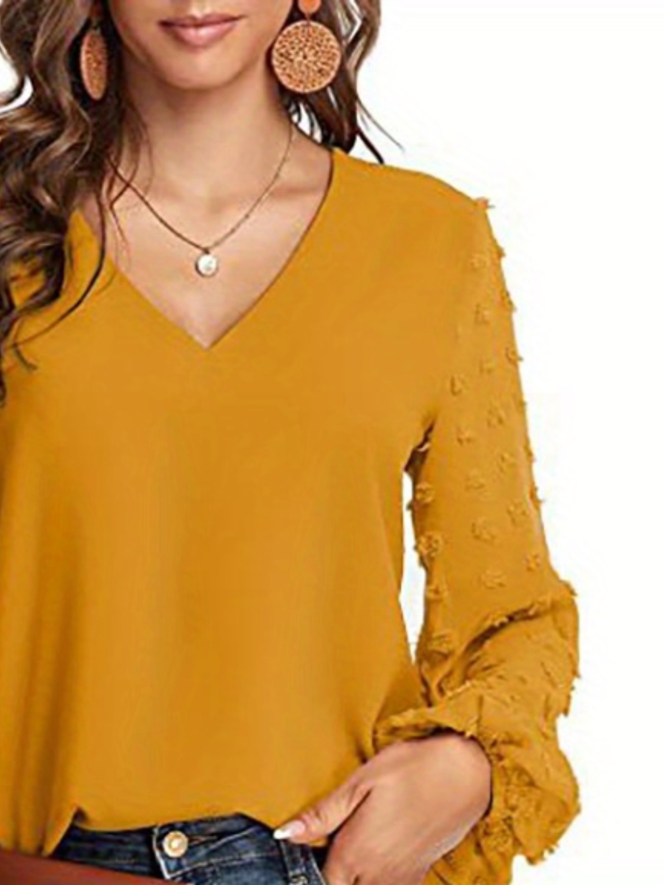 swiss dot sleeve shirt casual v neck solid shirt for spring fall womens clothing details 18