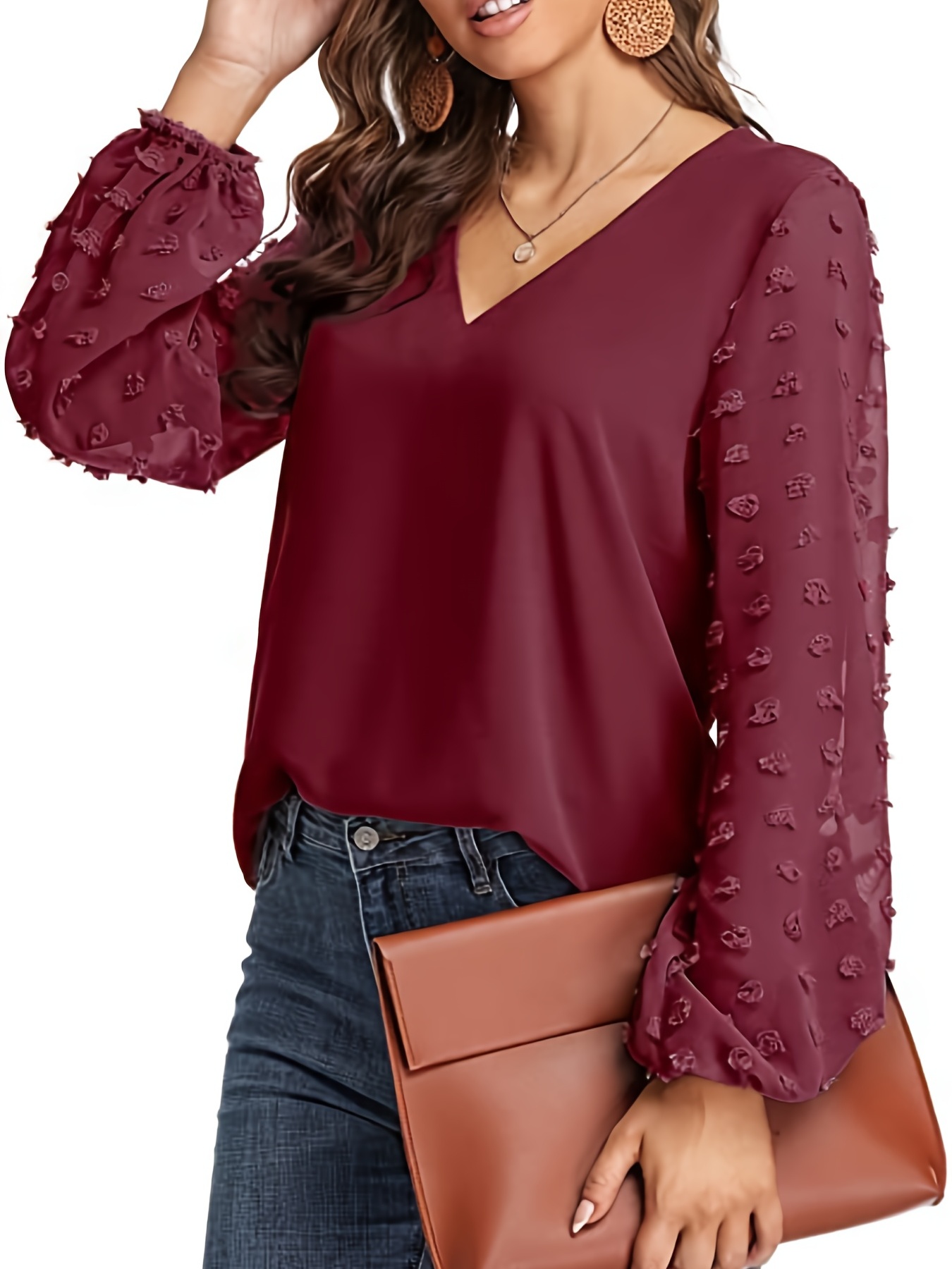 swiss dot sleeve shirt casual v neck solid shirt for spring fall womens clothing details 21