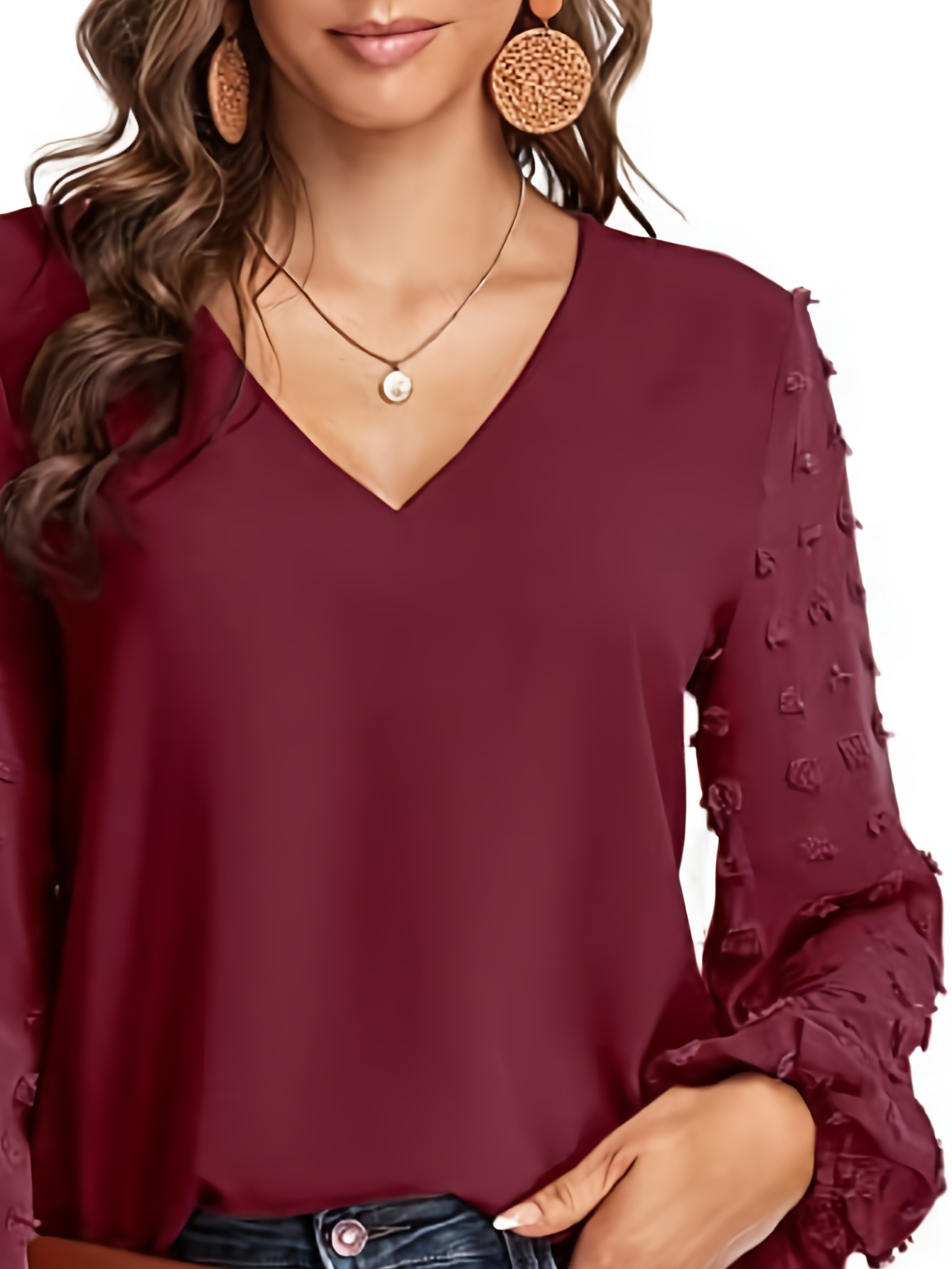 swiss dot sleeve shirt casual v neck solid shirt for spring fall womens clothing details 22