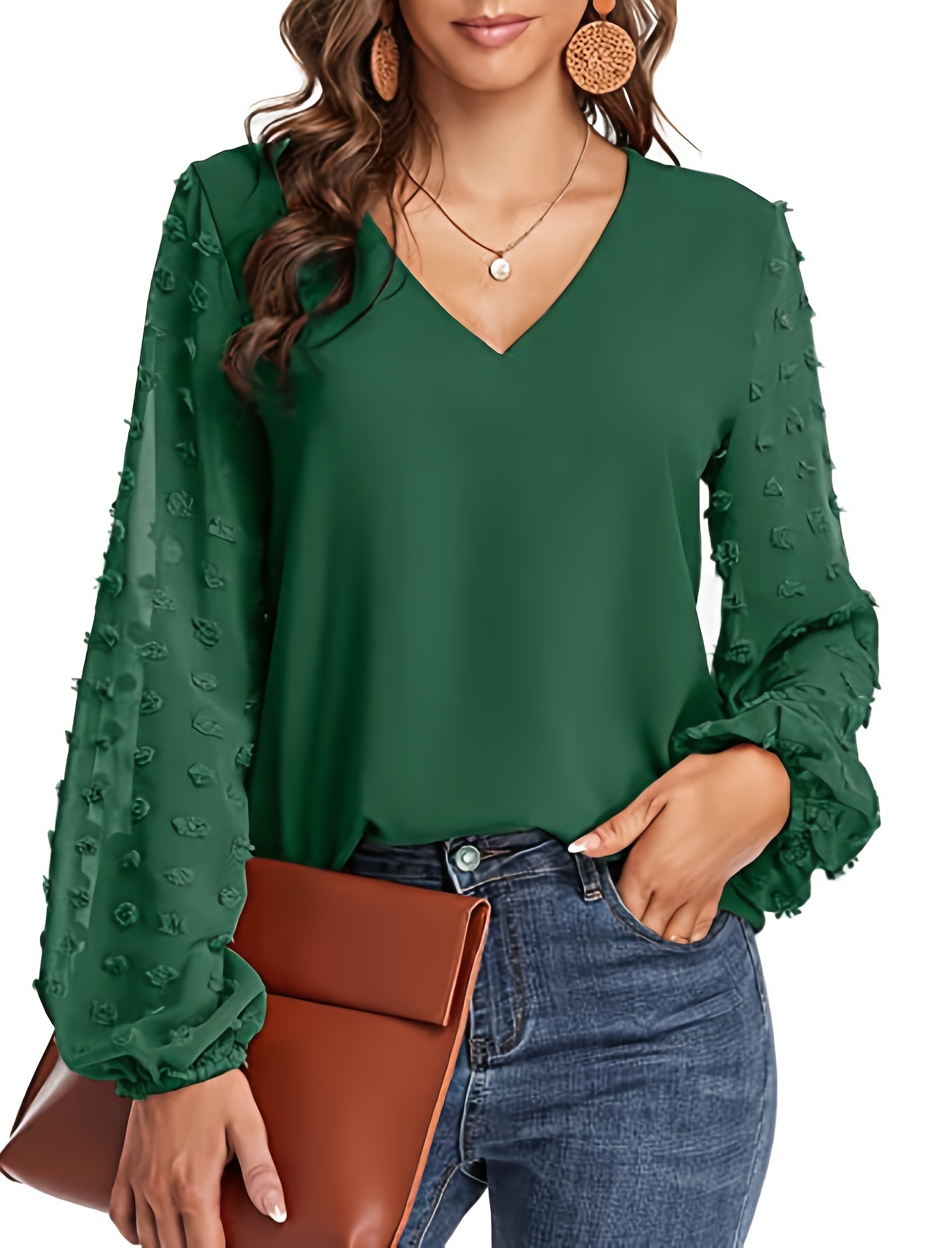 swiss dot sleeve shirt casual v neck solid shirt for spring fall womens clothing details 23