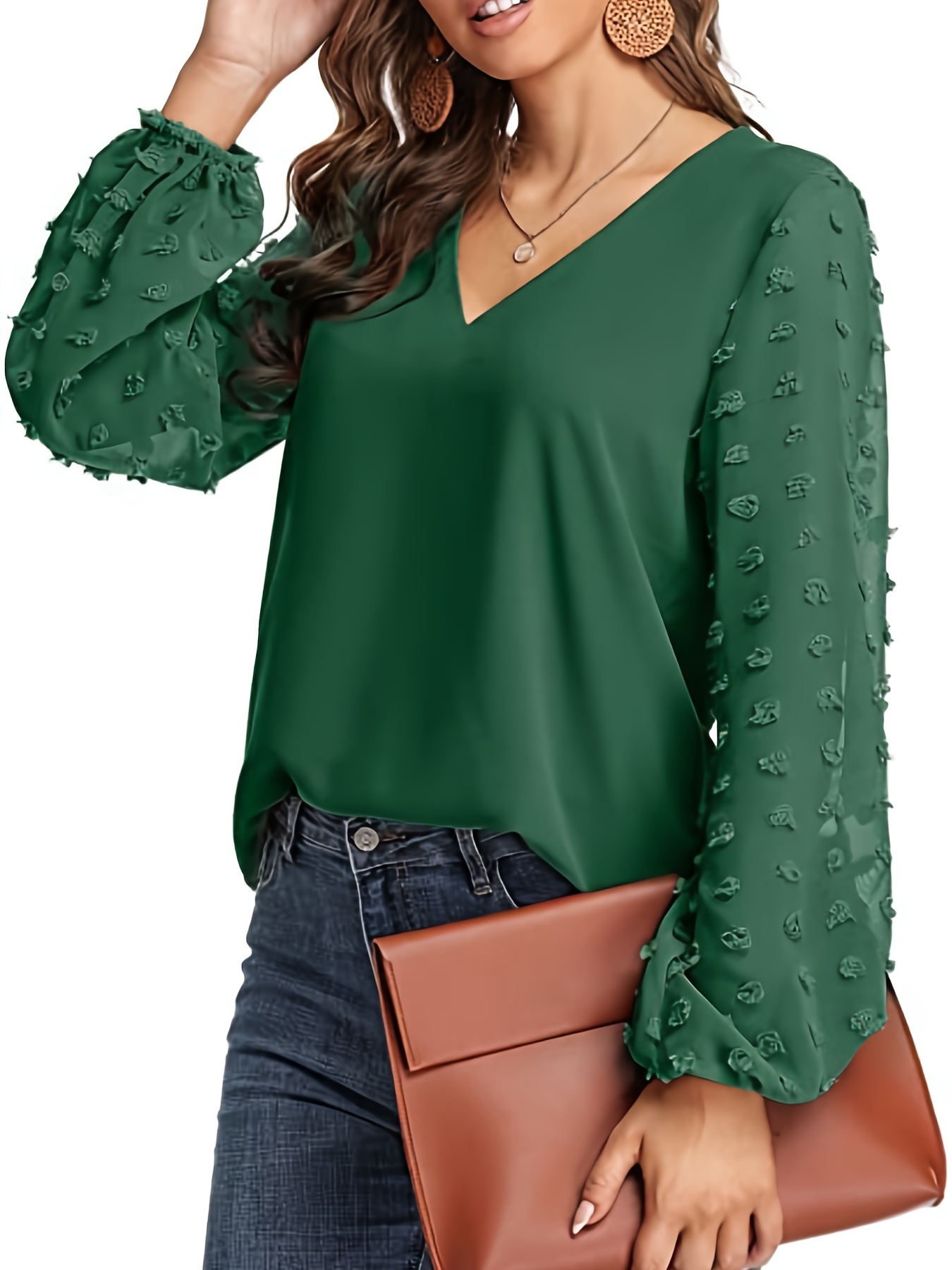 swiss dot sleeve shirt casual v neck solid shirt for spring fall womens clothing details 25