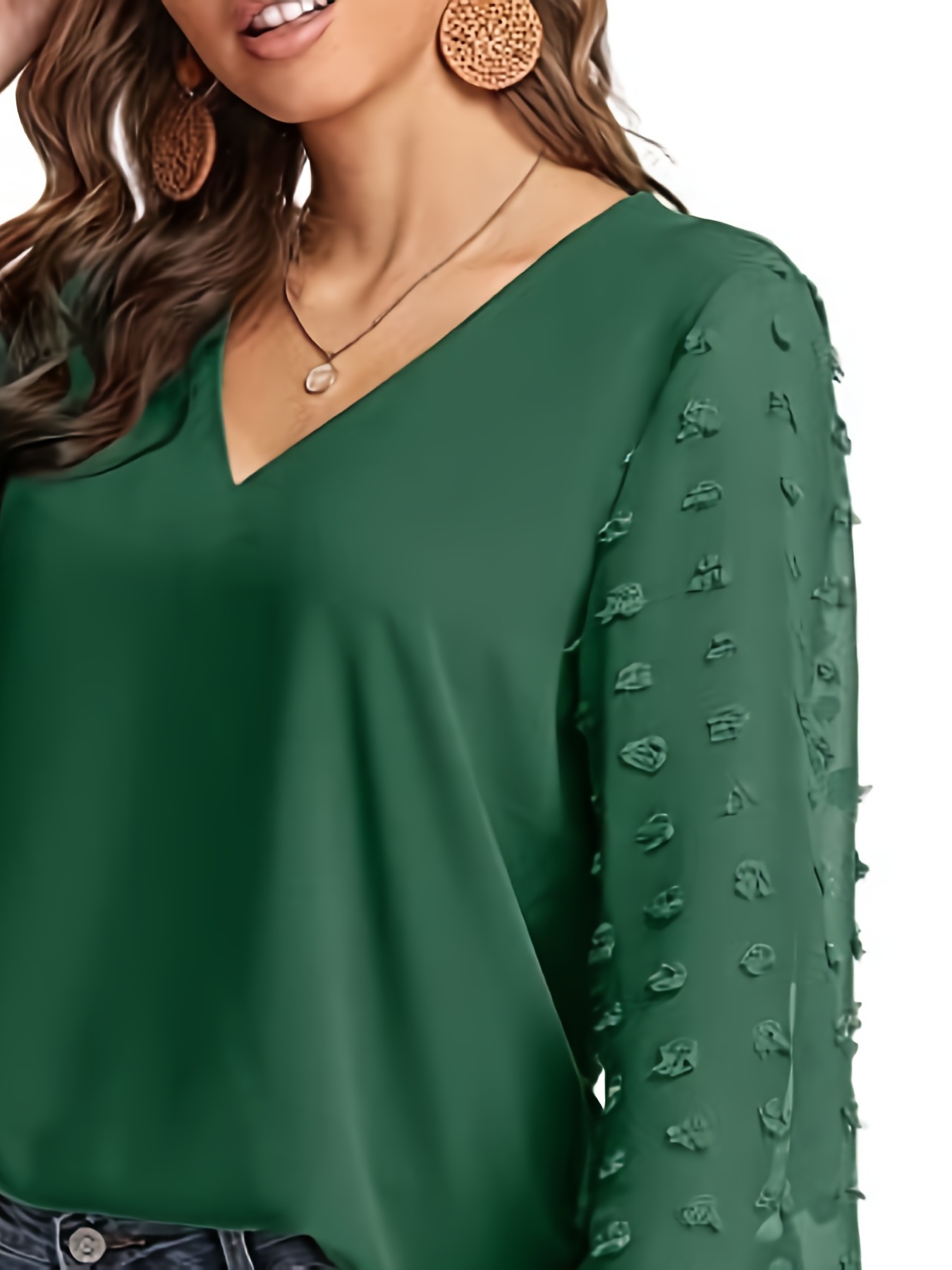 swiss dot sleeve shirt casual v neck solid shirt for spring fall womens clothing details 26