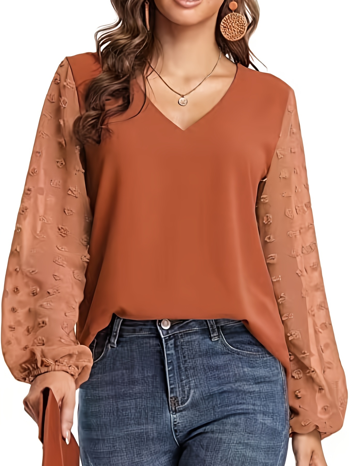 swiss dot sleeve shirt casual v neck solid shirt for spring fall womens clothing details 29