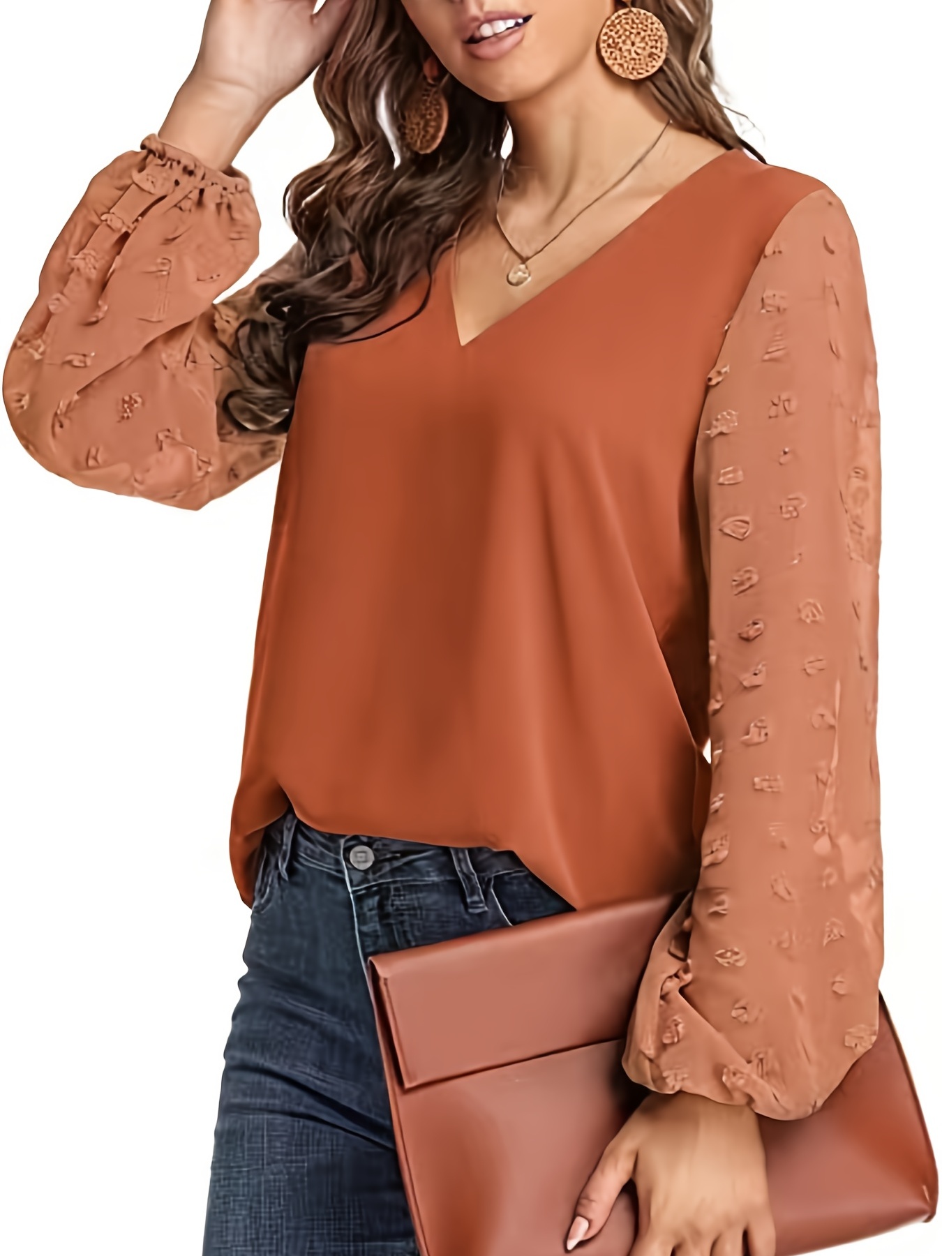 swiss dot sleeve shirt casual v neck solid shirt for spring fall womens clothing details 30