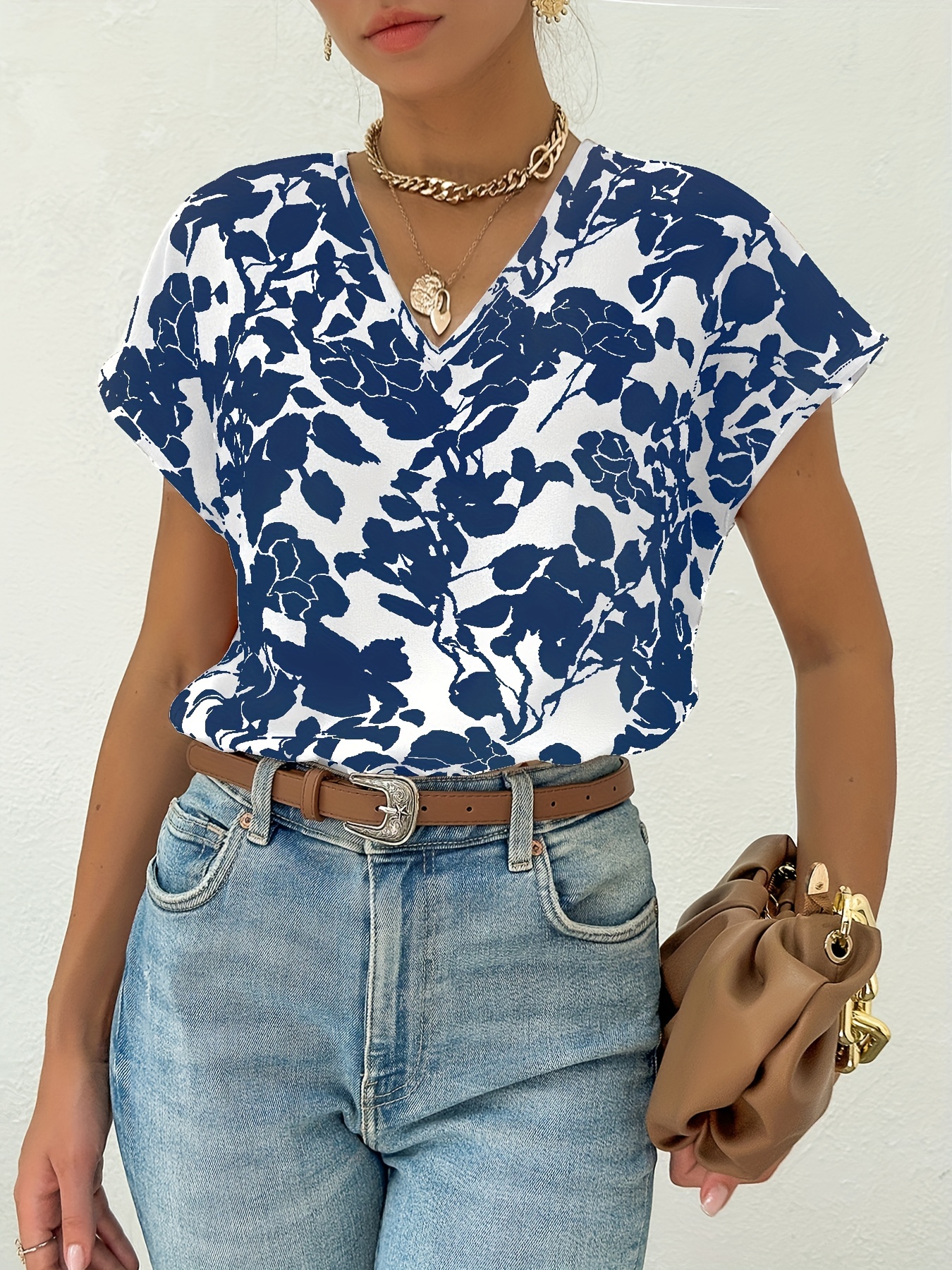 v neck floral print blouse casual short sleeve blouse for spring summer womens clothing details 0