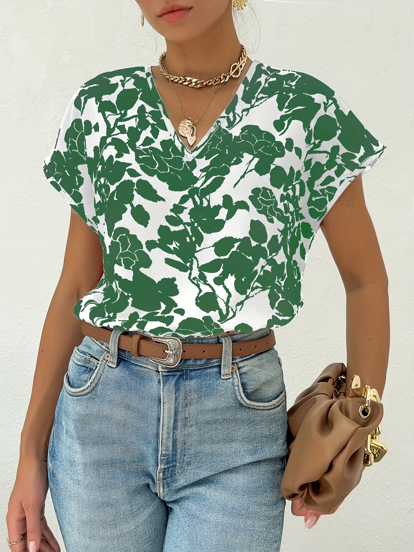 v neck floral print blouse casual short sleeve blouse for spring summer womens clothing details 5