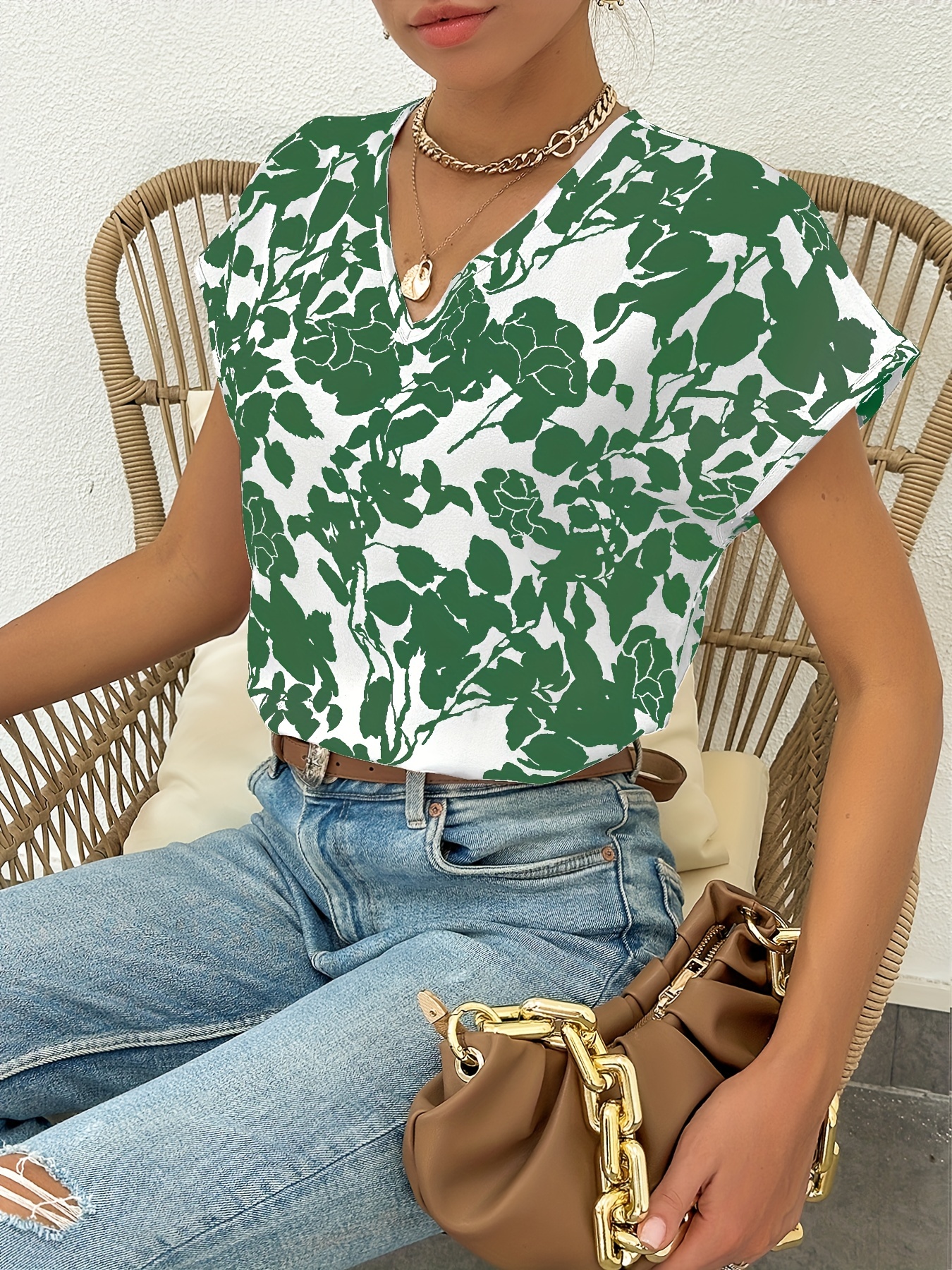 v neck floral print blouse casual short sleeve blouse for spring summer womens clothing details 7