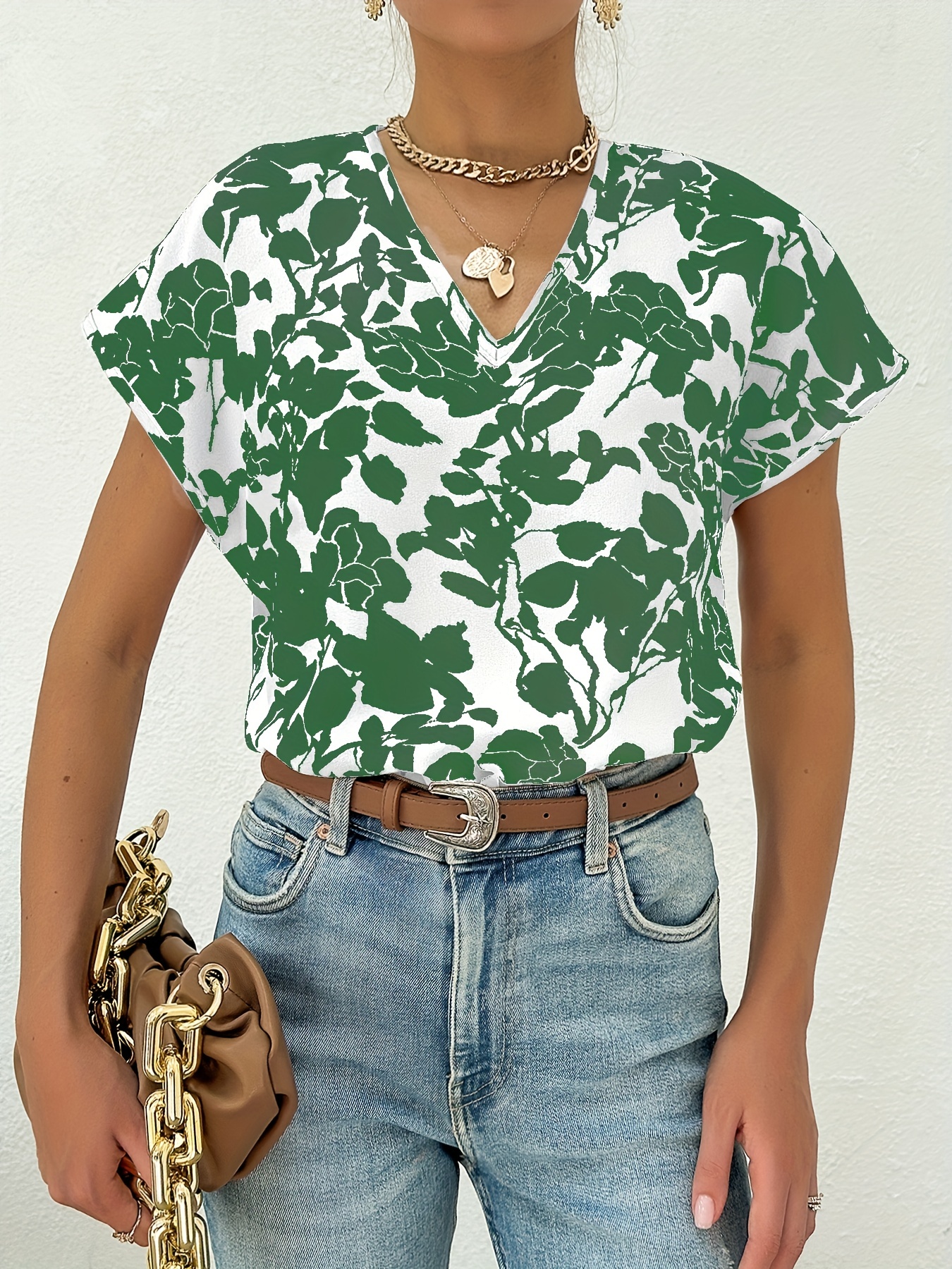 v neck floral print blouse casual short sleeve blouse for spring summer womens clothing details 8