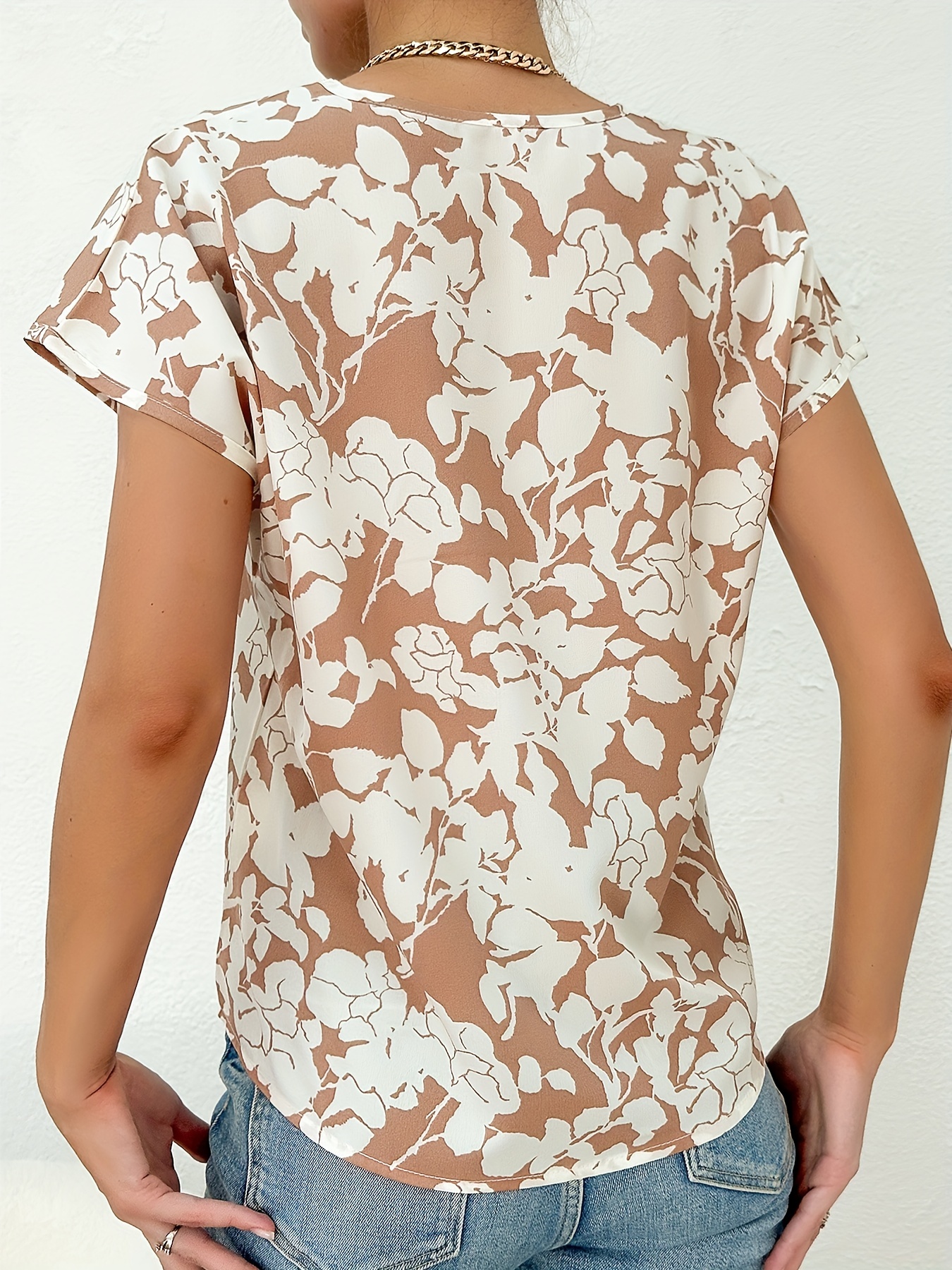 v neck floral print blouse casual short sleeve blouse for spring summer womens clothing details 10