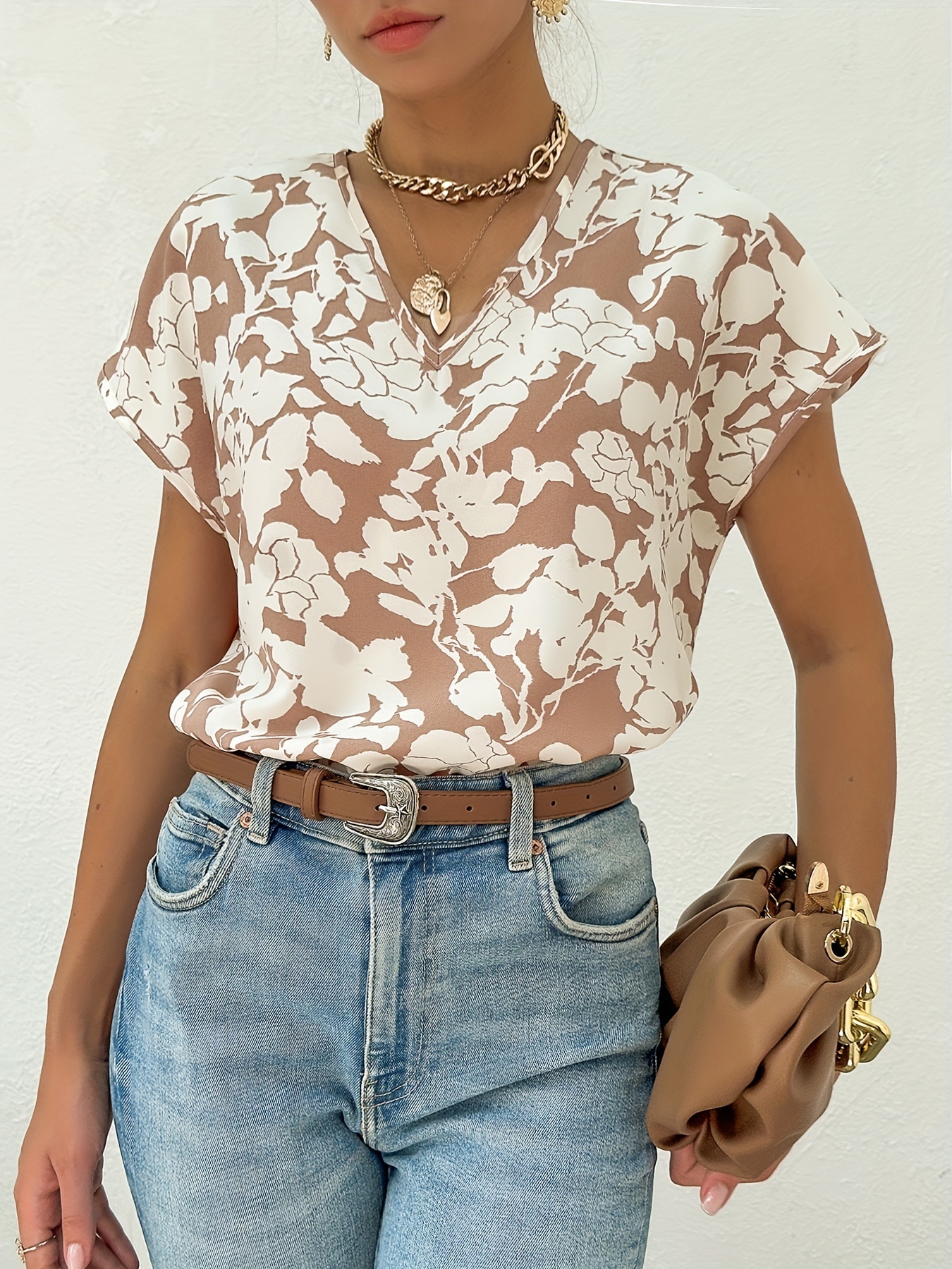 v neck floral print blouse casual short sleeve blouse for spring summer womens clothing details 11