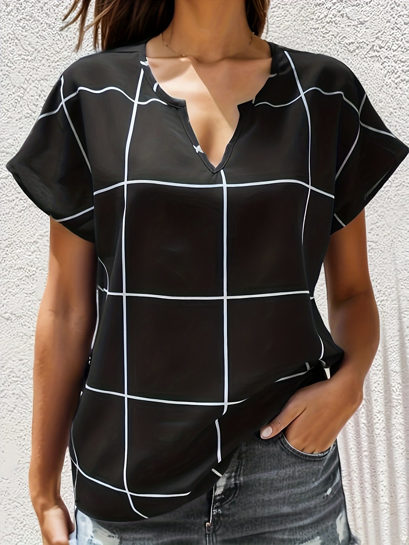 plaid notched neck blouse casual short sleeve blouse for spring summer womens clothing details 30