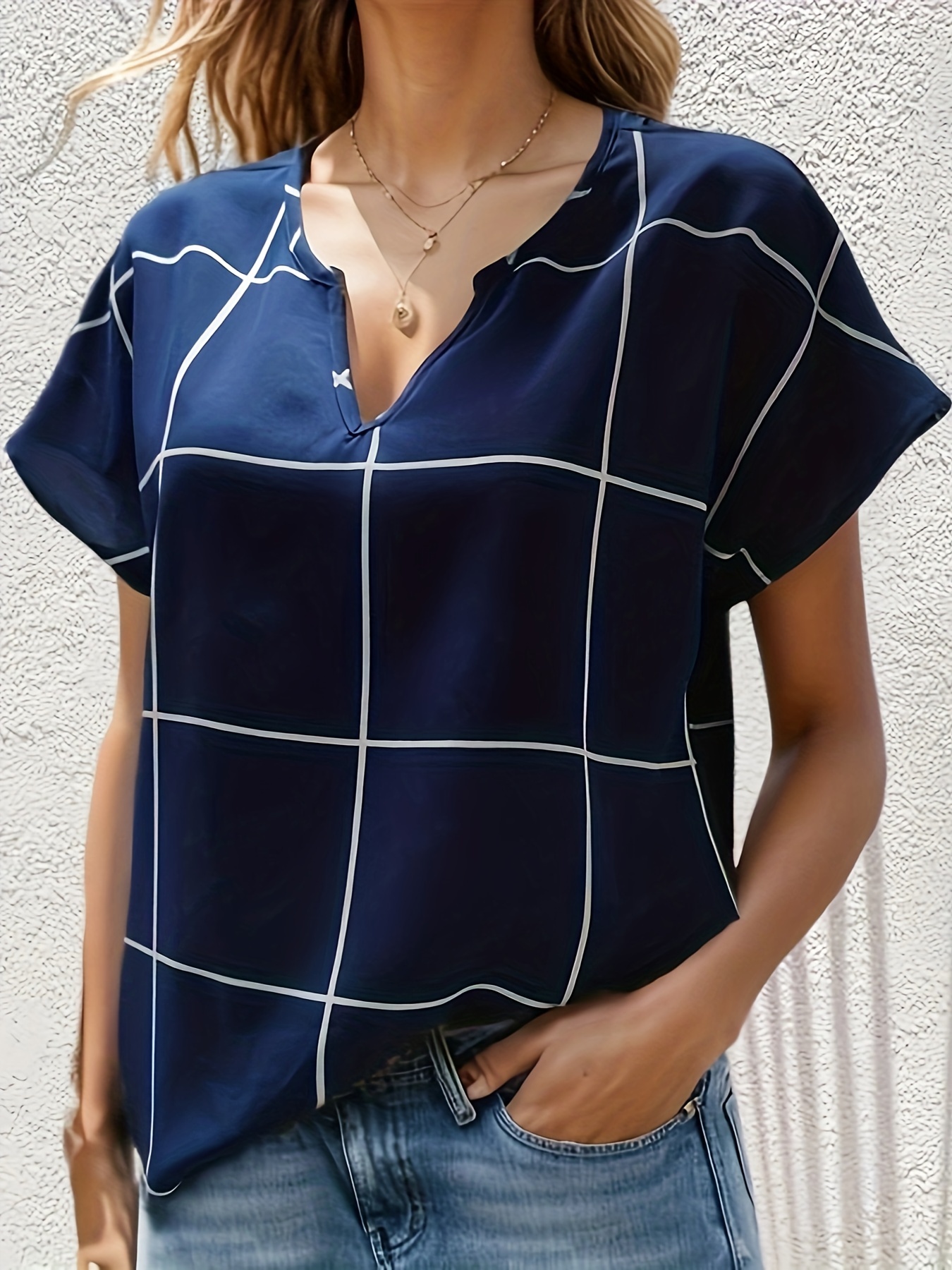 plaid notched neck blouse casual short sleeve blouse for spring summer womens clothing details 36