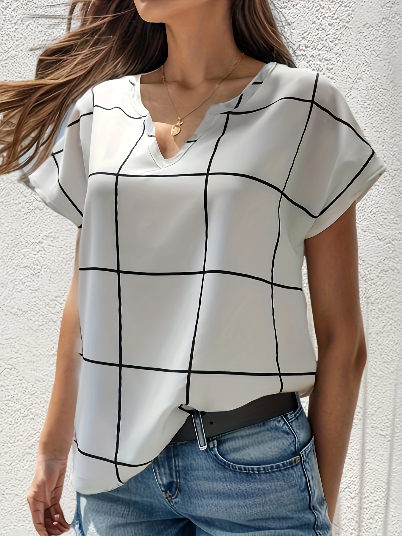 plaid notched neck blouse casual short sleeve blouse for spring summer womens clothing details 38