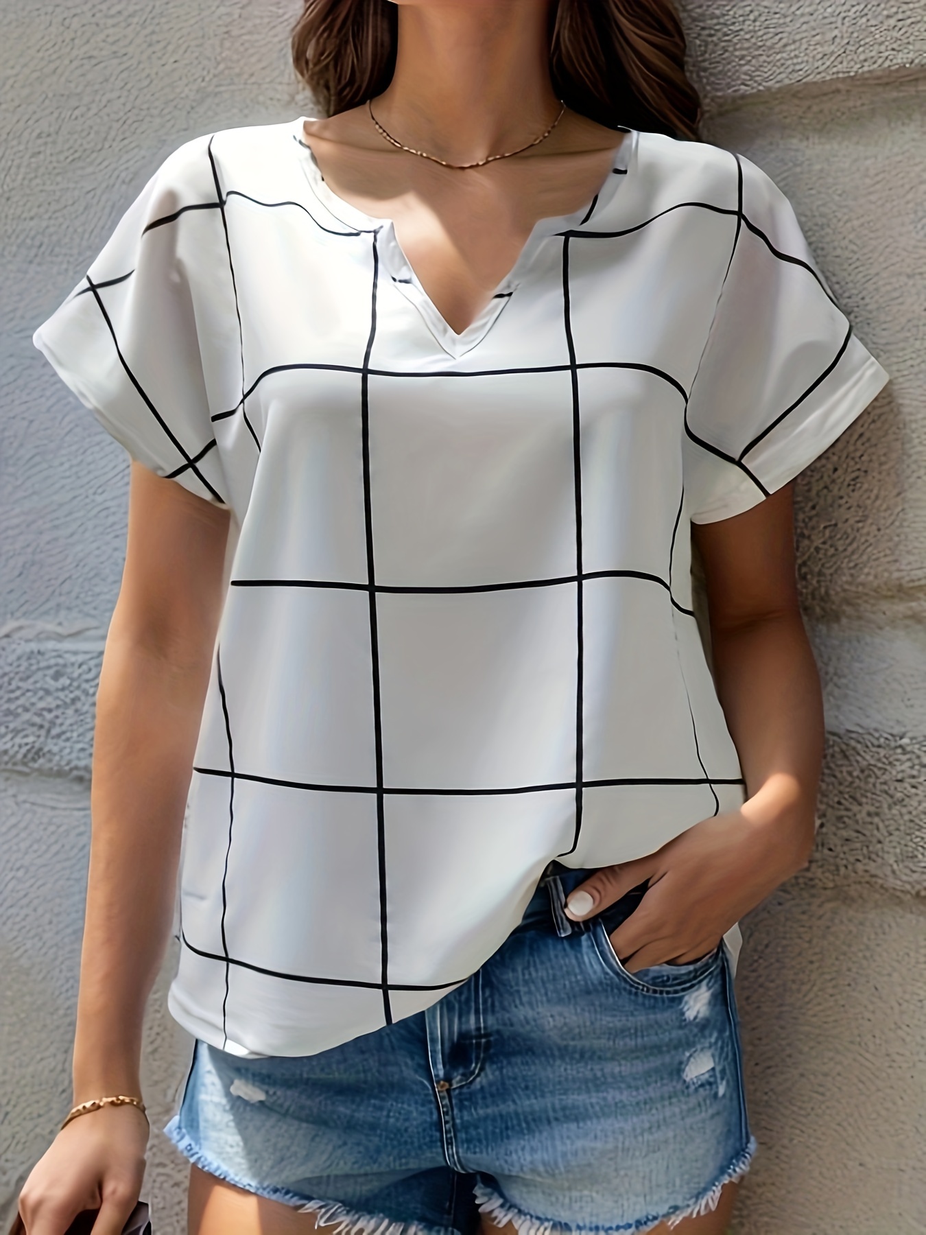 plaid notched neck blouse casual short sleeve blouse for spring summer womens clothing details 39